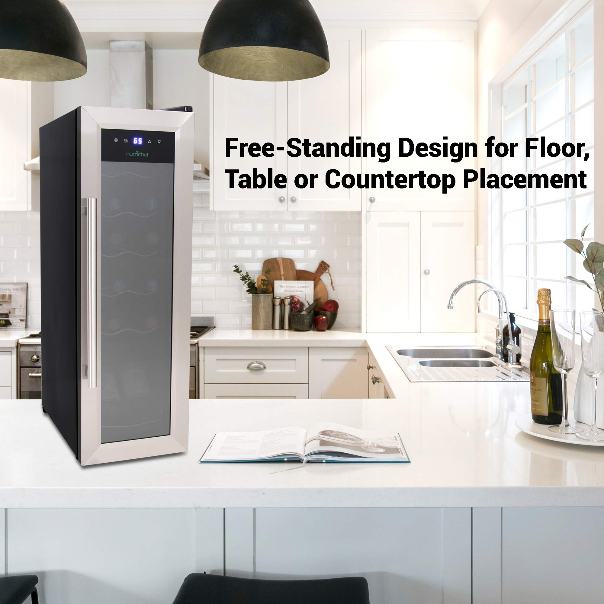 【Appliances】NutriChef PKCWC12 12 Bottle Cooler Refrigerator White and Red Countertop Chiller