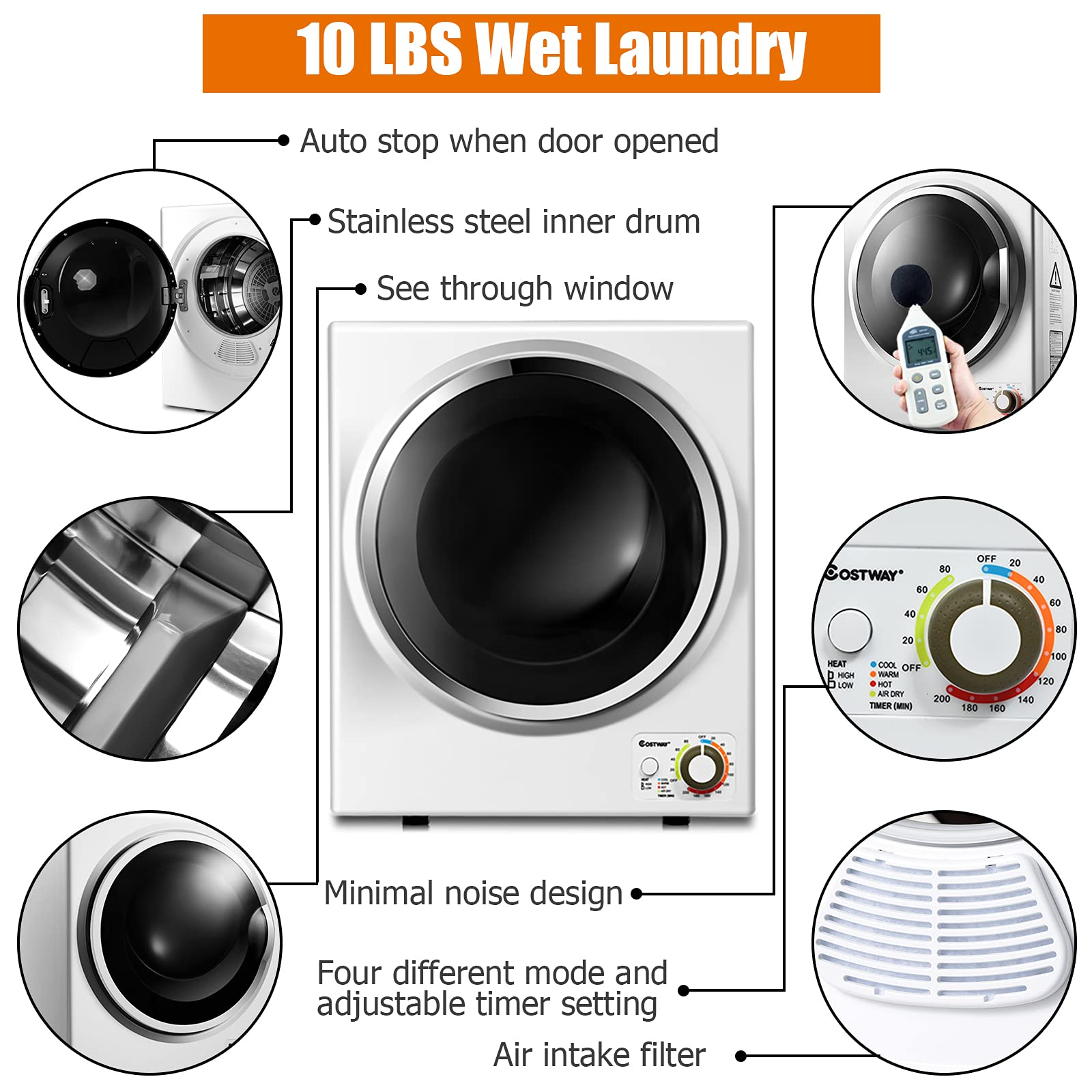【Appliances】COSTWAY Compact Laundry Dryer, 110V Electric Portable Clothes Dryer with Stainless Steel Tub
