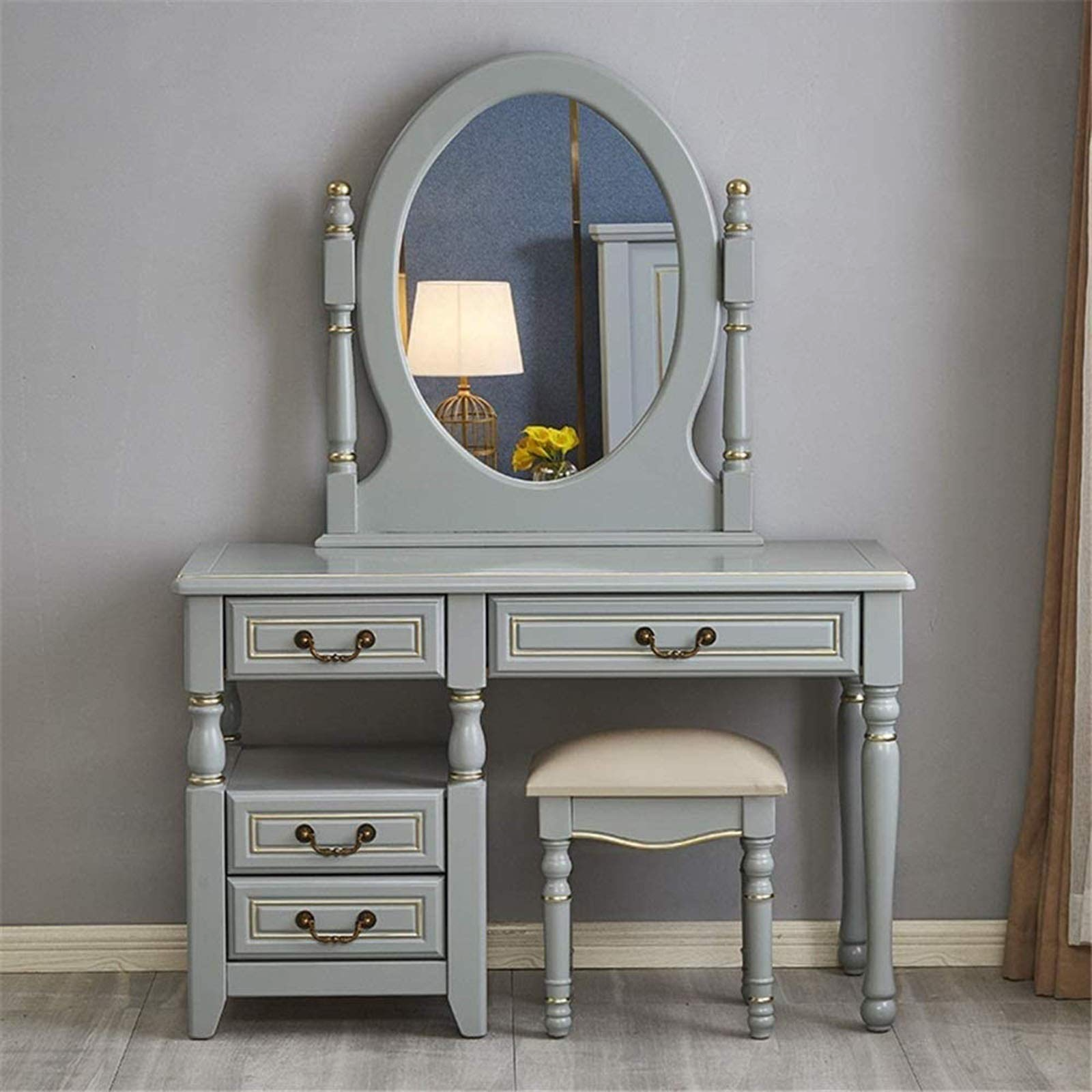 【Furniture】Dressing Table Bedroom Vanity Table Set, Makeup Table with Oval Mirror, Stool & 4 Drawers