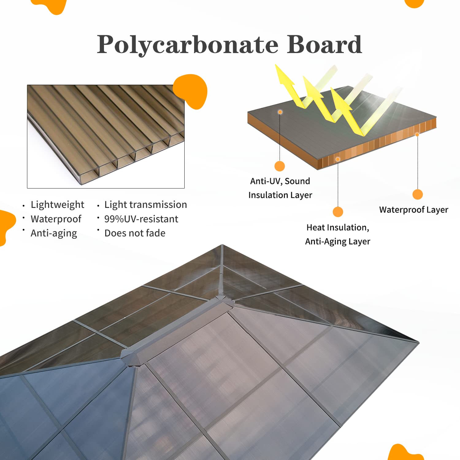 【Gazebo】10'x12' Outdoor Hardtop Polycarbonate Gazebo Canopy Curtains Aluminum Frame for Garden, Patio