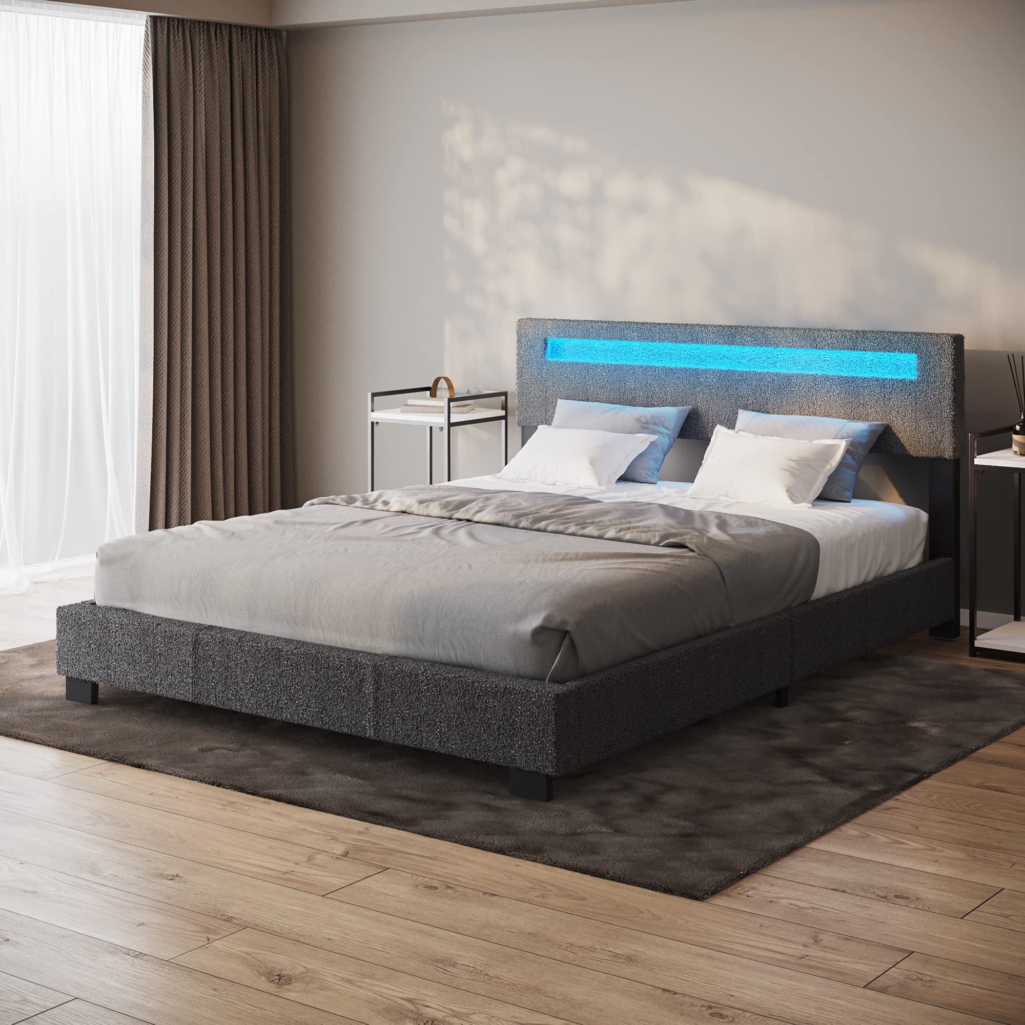 【Furniture】Pezzolla LED Bed Frame King Size - Contemporary Modern Low Profile Platform Bed with 16 Colors LED