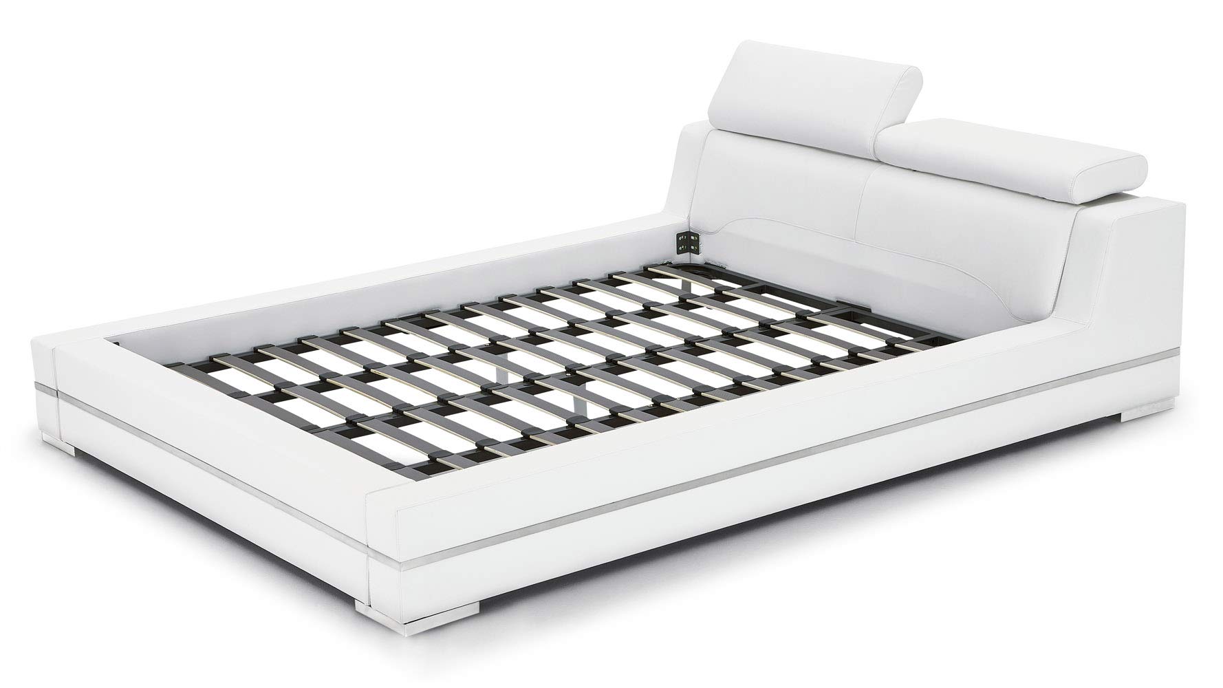 【Furniture】Hera Genuine White Leather Platform Bed with Adjustable Headrests - King