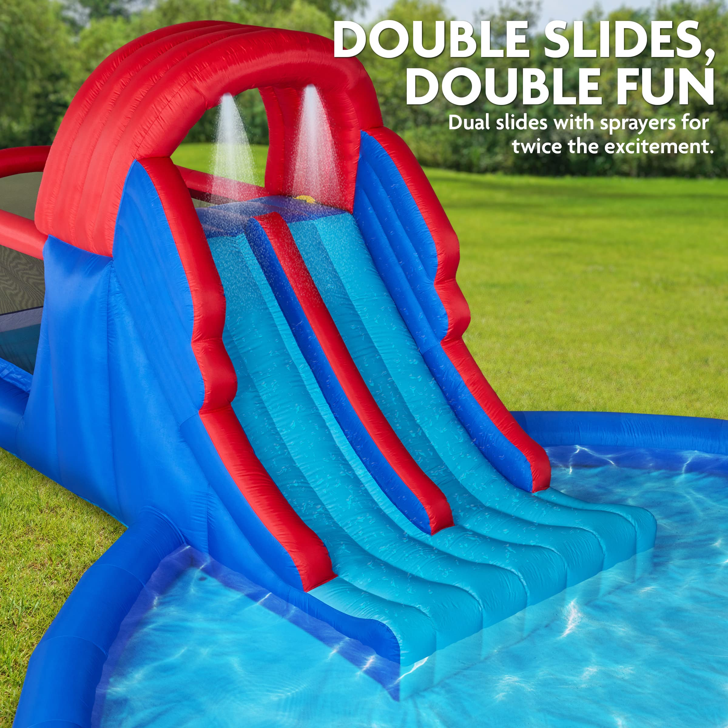 【Baby&Kids】Dual Slide Roundabout Inflatable Water Park - Climbing Wall, Slides, Bounce House & Huge Pool