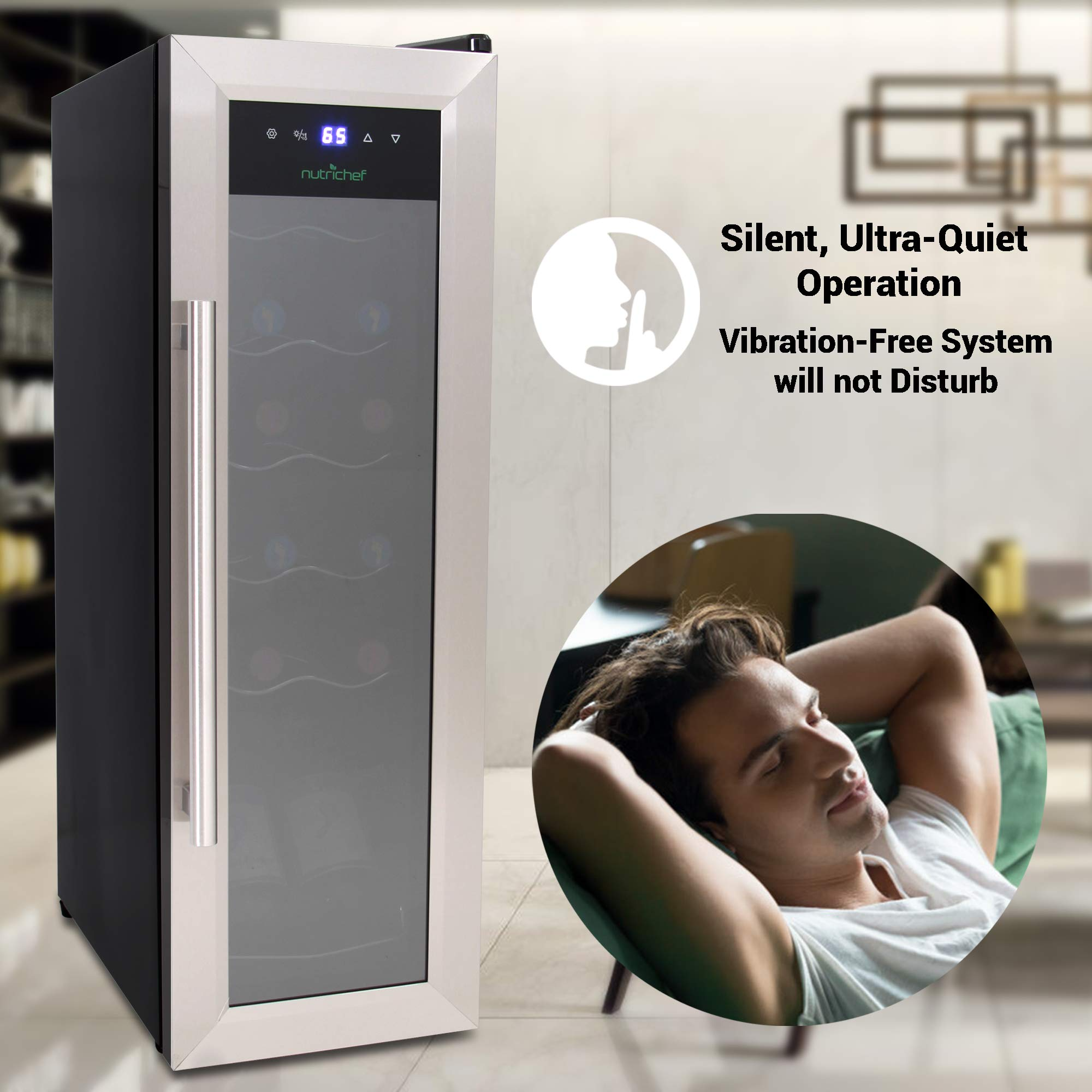 【Appliances】NutriChef PKCWC12 12 Bottle Cooler Refrigerator White and Red Countertop Chiller