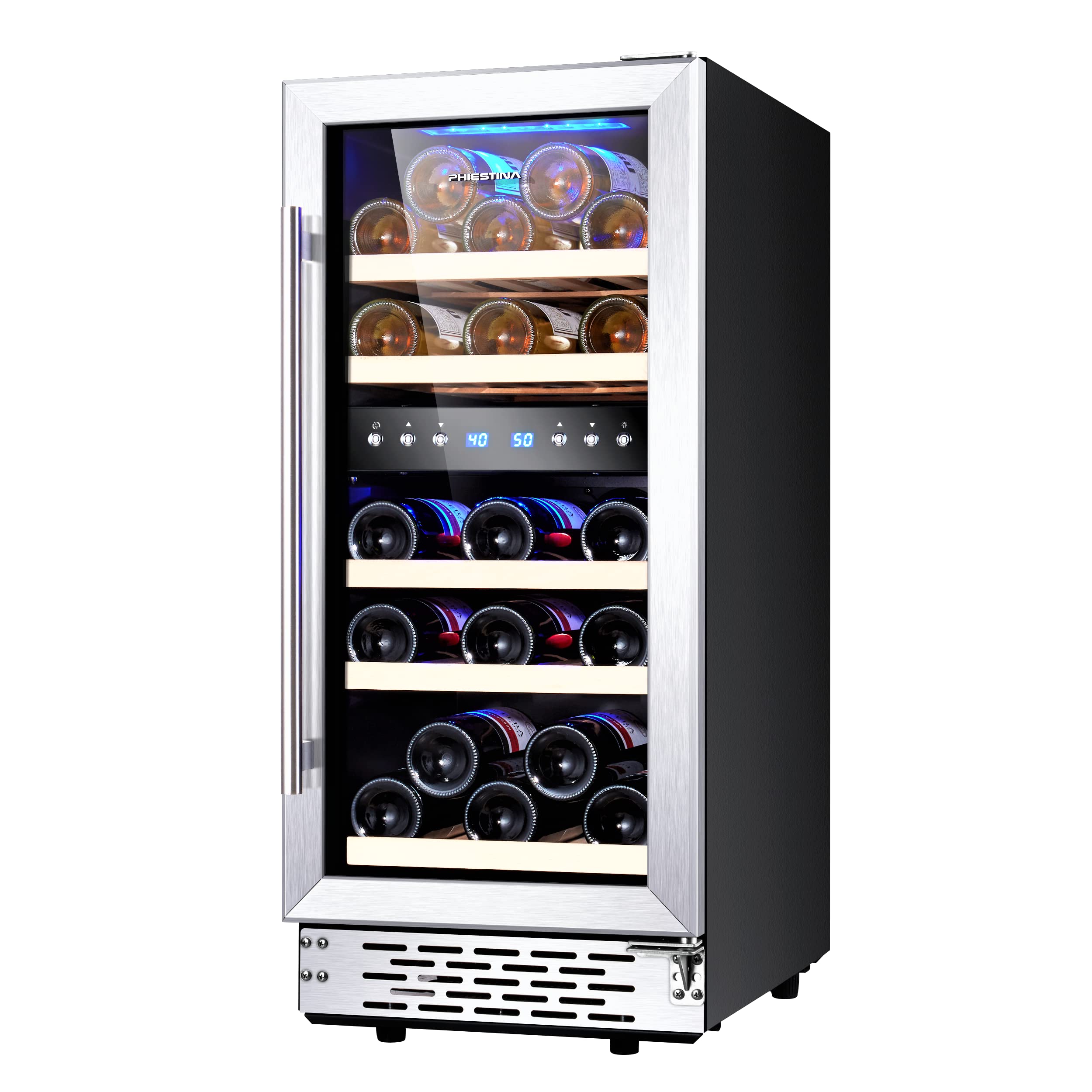 【Appliances】Phiestina 24 Inch Under Counter Wine Cooler - 46 Bottle Built-In Dual Zone Compressor Wine Refrigerator