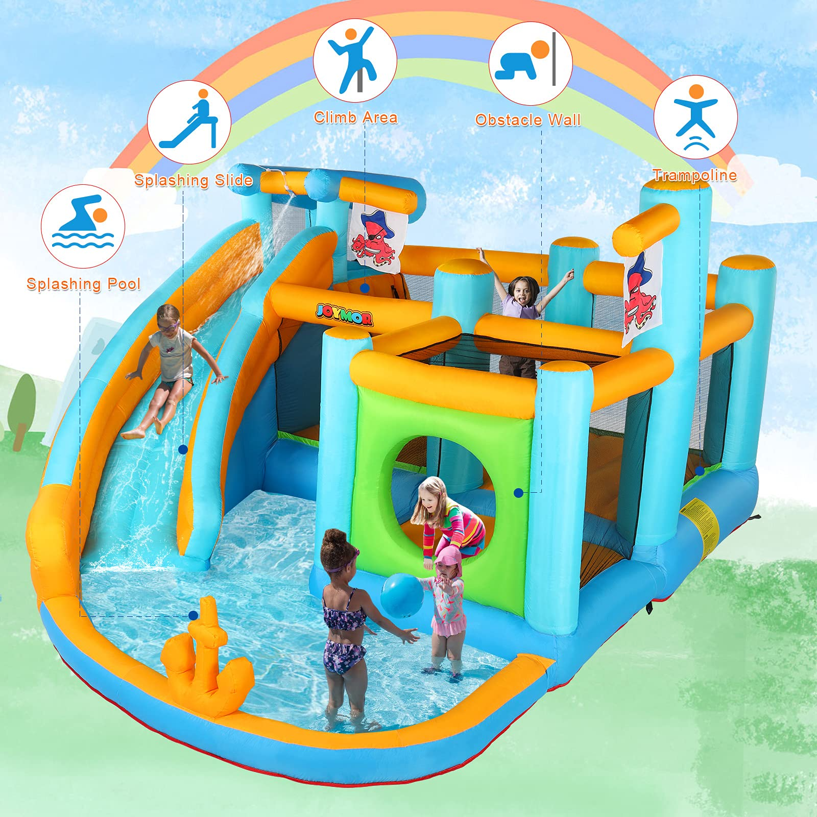 Inflatable Water Slide Park, Pirate Themed Bounce House, Obstacle Course, Water Cannon