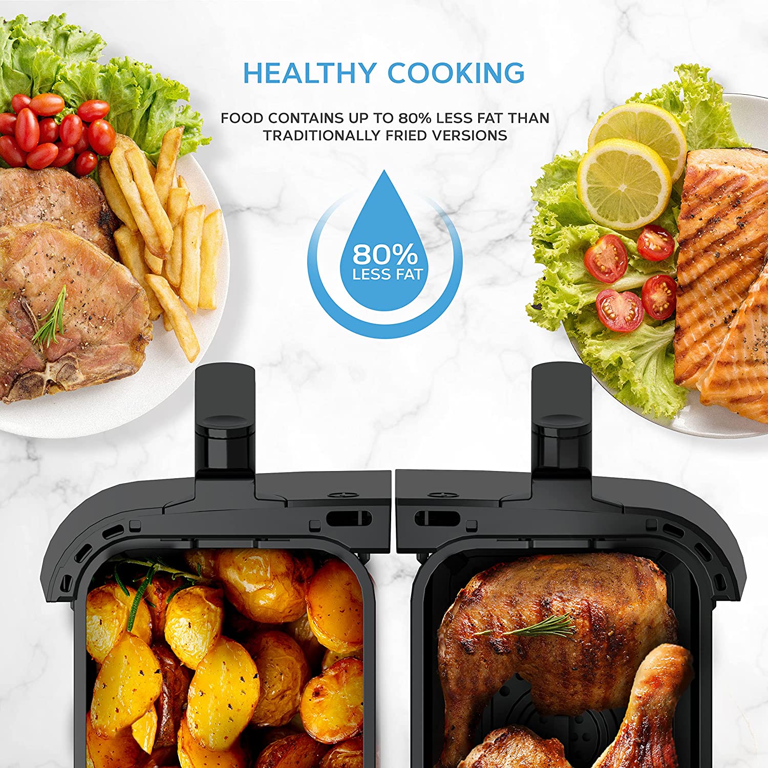 Devology Double Air Fryer - 9L - 2 x 4.5L Independent Cooking Zones - Free 50 Recipe Cookbook- 12 Cooking Programs - Digital LED Display Airfryer - Healthy Oil-free Fryer - Portable Kitchen Appliance
