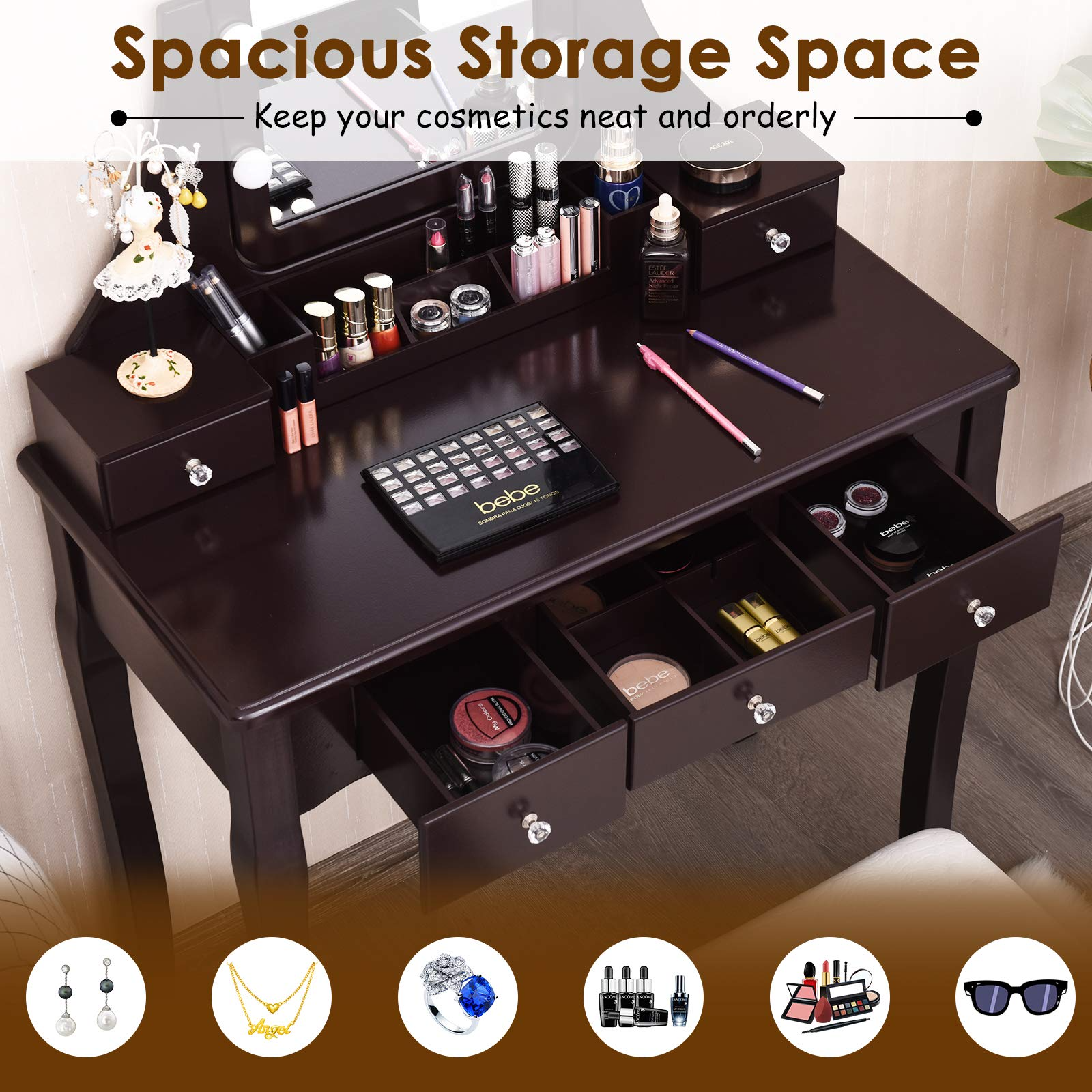 【Furniture】Vanity Set with Lighted Mirror, 10 Dimmable Light Bulbs Vanity 5 Drawer