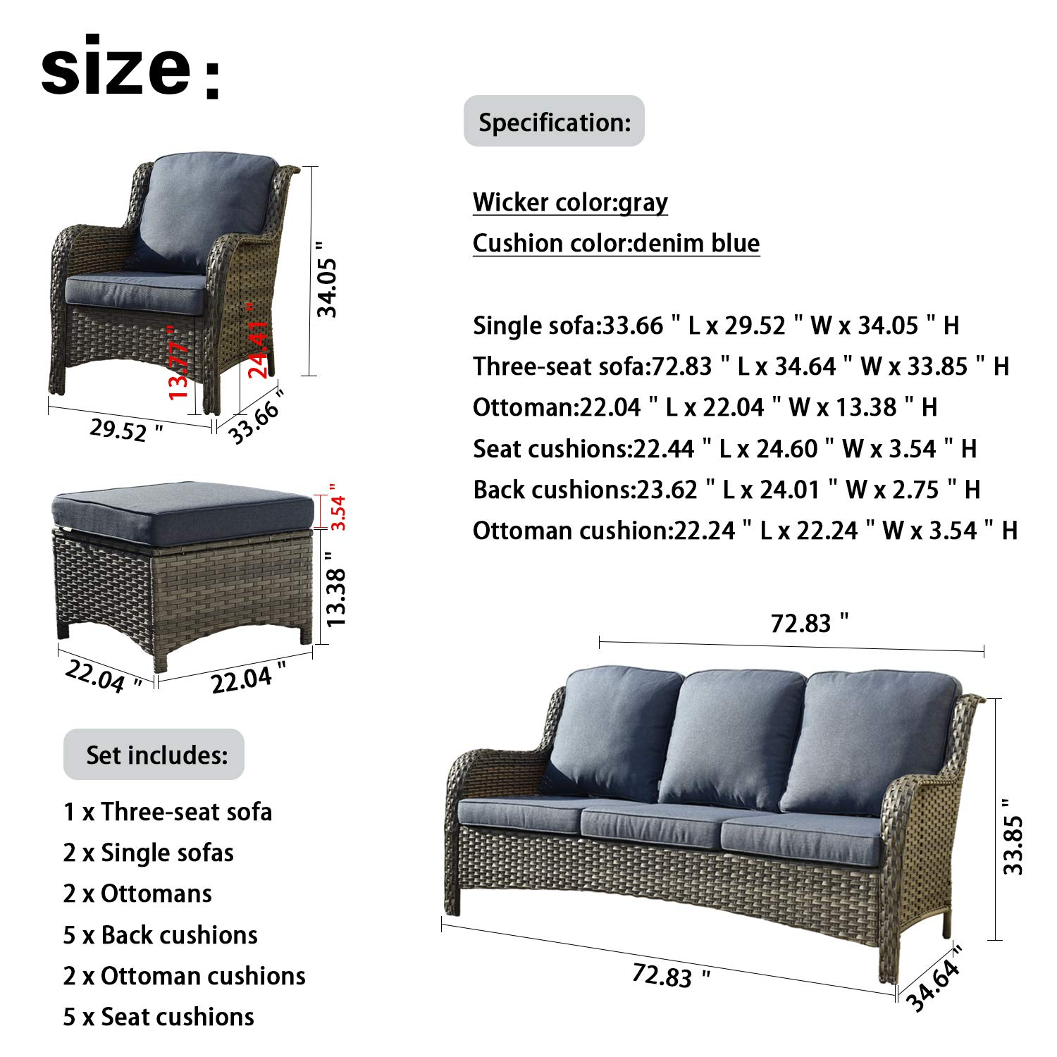 【Furniture】Patio Furniture Sets Outdoor Conversation Set All Weather Wicker High Back Couch with Ottomans