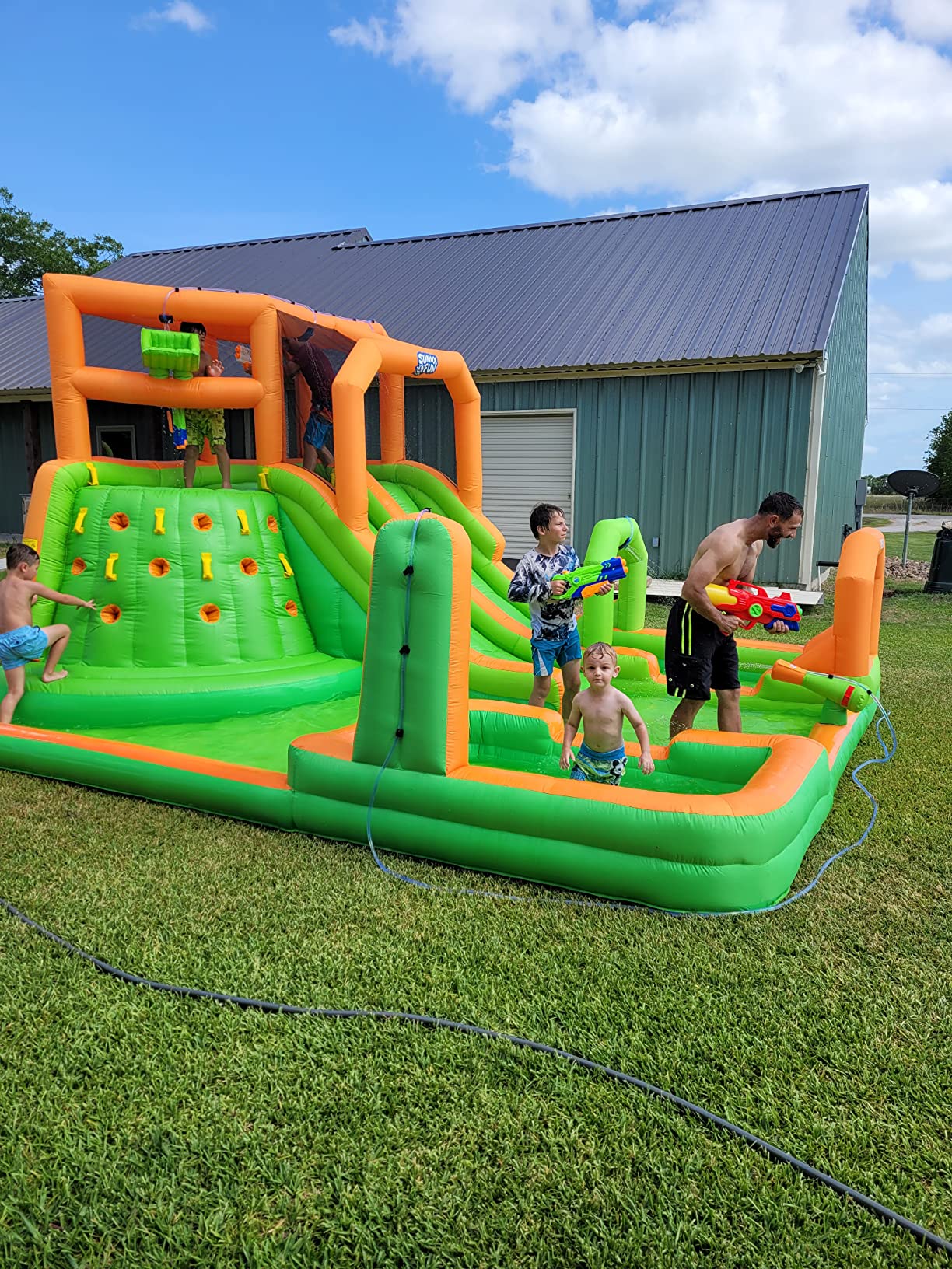 【Baby&Kids】Inflatable Water Slide Park - Climbing Wall, 2 Slides, Splash & Deep Pool