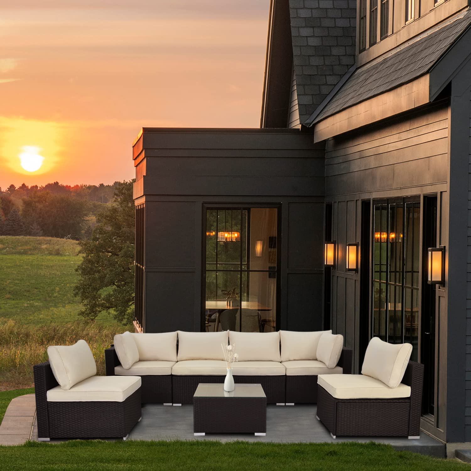 Outdoor Patio Furniture Set, 7 Pcs Patio Conversation Set Sectional Rattan Sofa Set