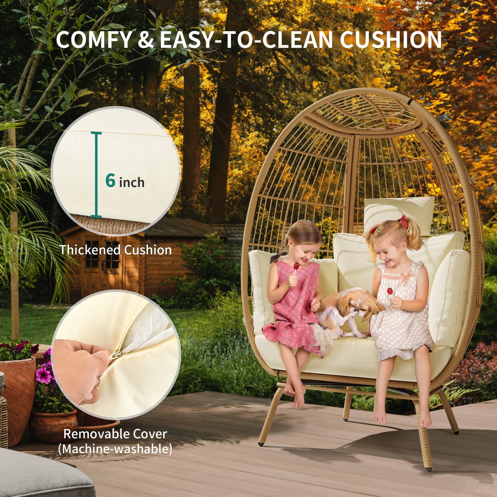 【Furniture】Wicker Egg Chair Outdoor Indoor Oversized Lounger with Stand and Cushions Egg Basket Chair