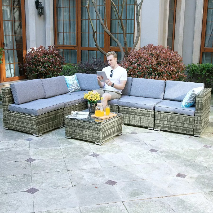 Patio Furniture Set, 7-Piece Outdoor Sectional with Waterproof Cover, All-Weather Wicker Patio Conversation Sets for Backyard (Grey with Grey Cushion)