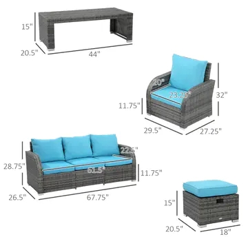 6 Pieces Patio Wicker Sofa Sets, Outdoor Sectional Furniture Set, Include 3-Seat Sofa