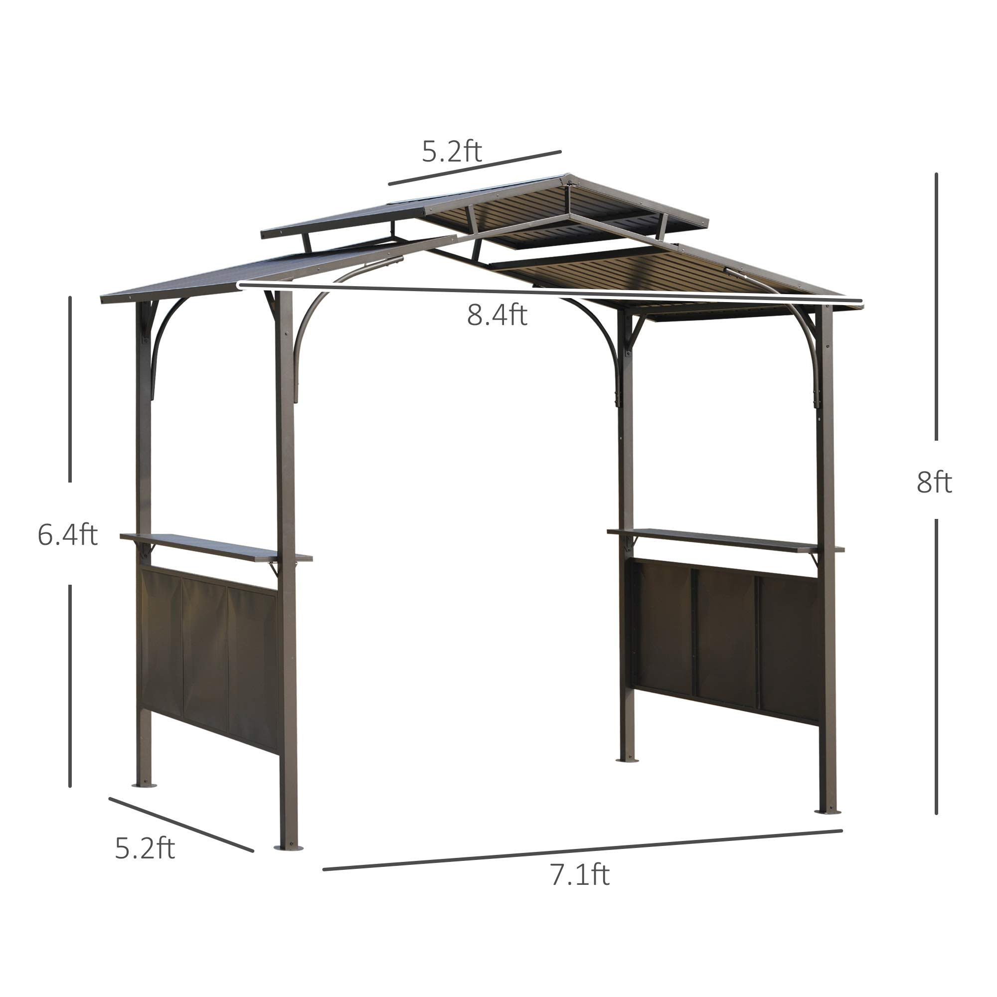 【Home&Garden】8'x5' BBQ Grill Gazebo with 2 Side Shelves, Outdoor Double Tiered Interlaced Polycarbonate Roof