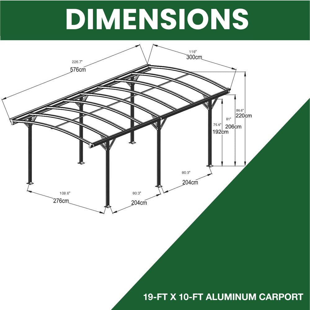 【Home&Garden】19-Ft. x 10-Ft. Aluminum Arch-Roof Carport with Polycarbonate Roof Panels
