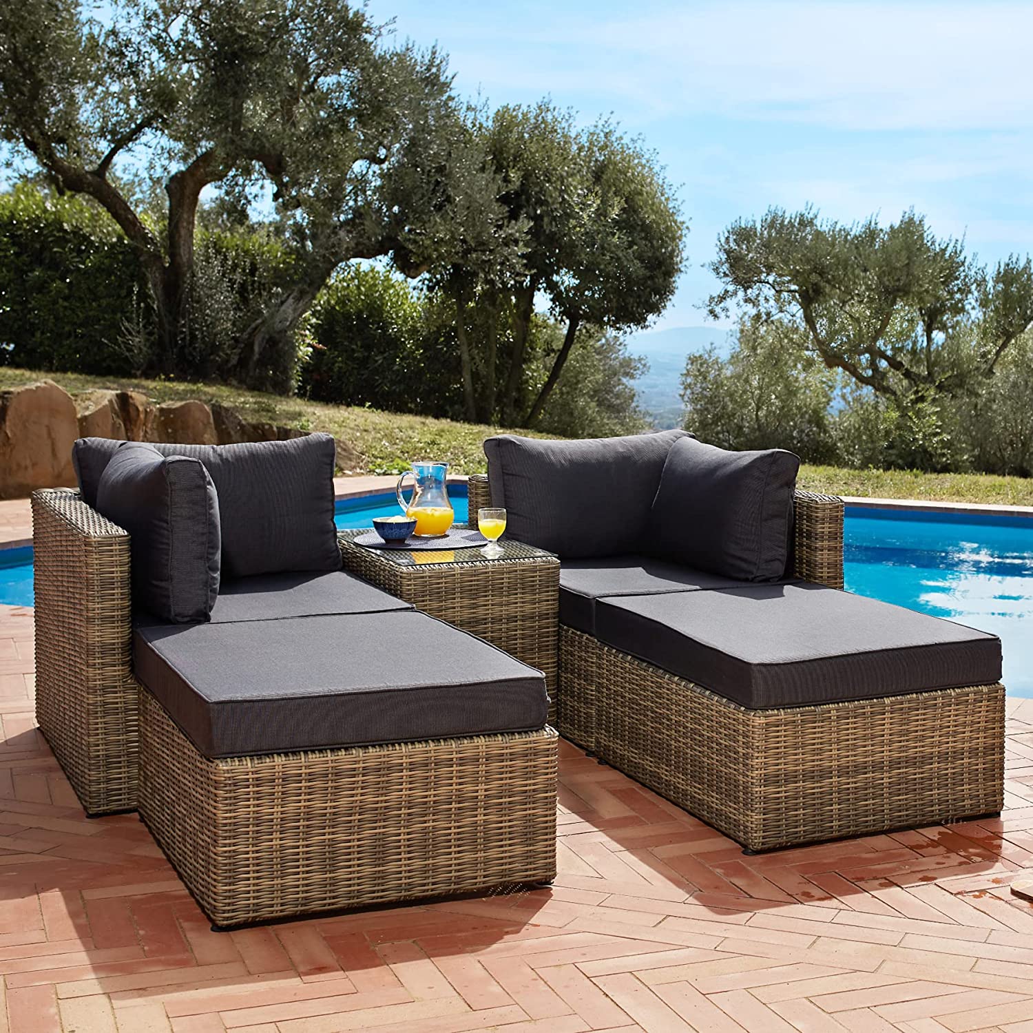Luxury Double Rattan Chair Aluminium, Lounge Furniture, Garden Set with Table, Easily Combined, with Cushions