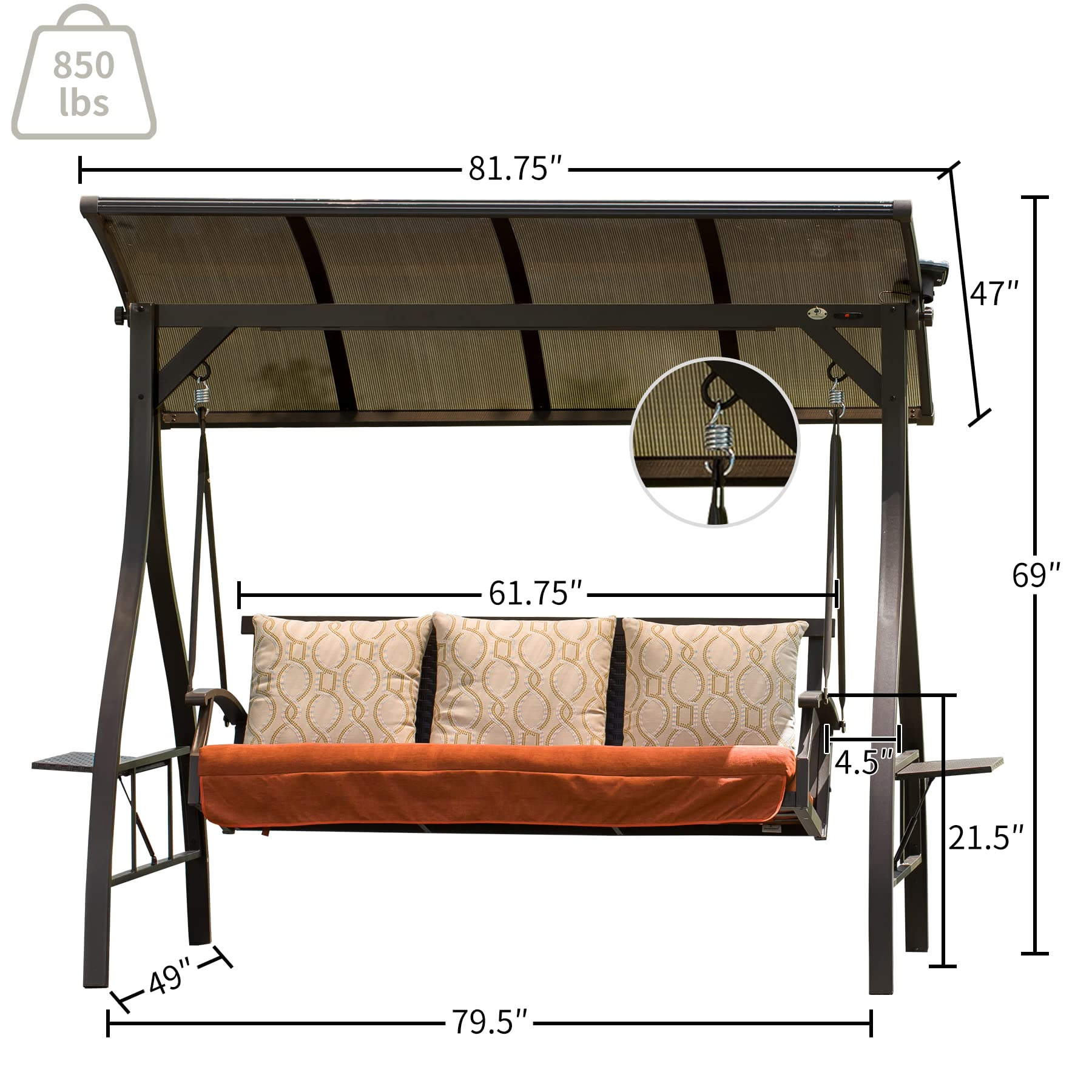 【Home&Garden】Patio Porch Swing 3 Person Adjustable Canopy Deluxe Hammock Swing Glider