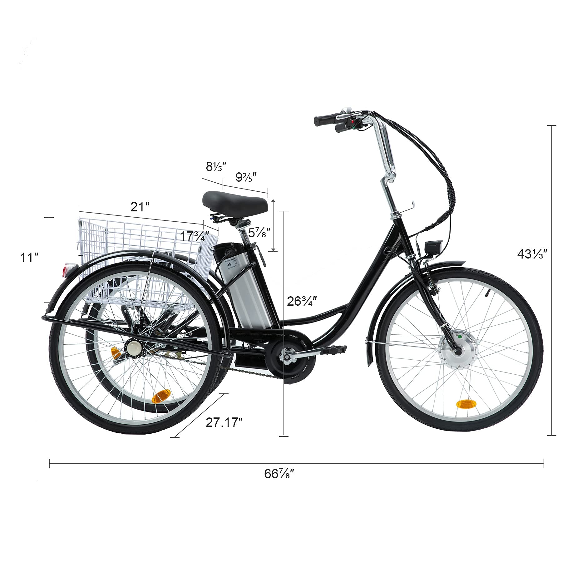 【Sports&Outdoors】3 Wheel Electric Bike for Adults with 250w Motor, Bike Tube, Removable 36V 10Ah Lithium Battery