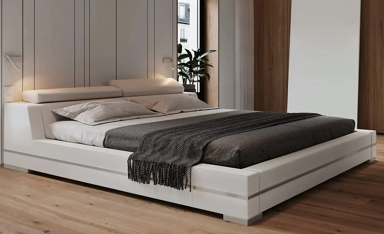 【Furniture】Hera Genuine White Leather Platform Bed with Adjustable Headrests - King