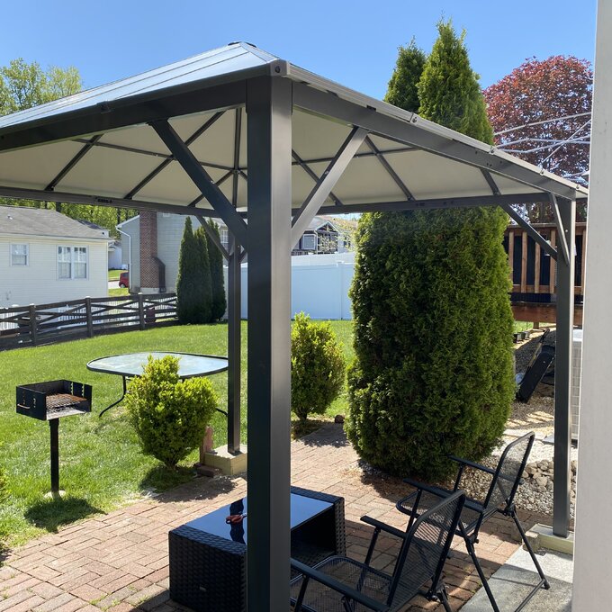 【Gazebo】10x10 ft Hardtop Gazebo, Outdoor Canopy Gazebo with Netting & Shaded Curtains for Patio