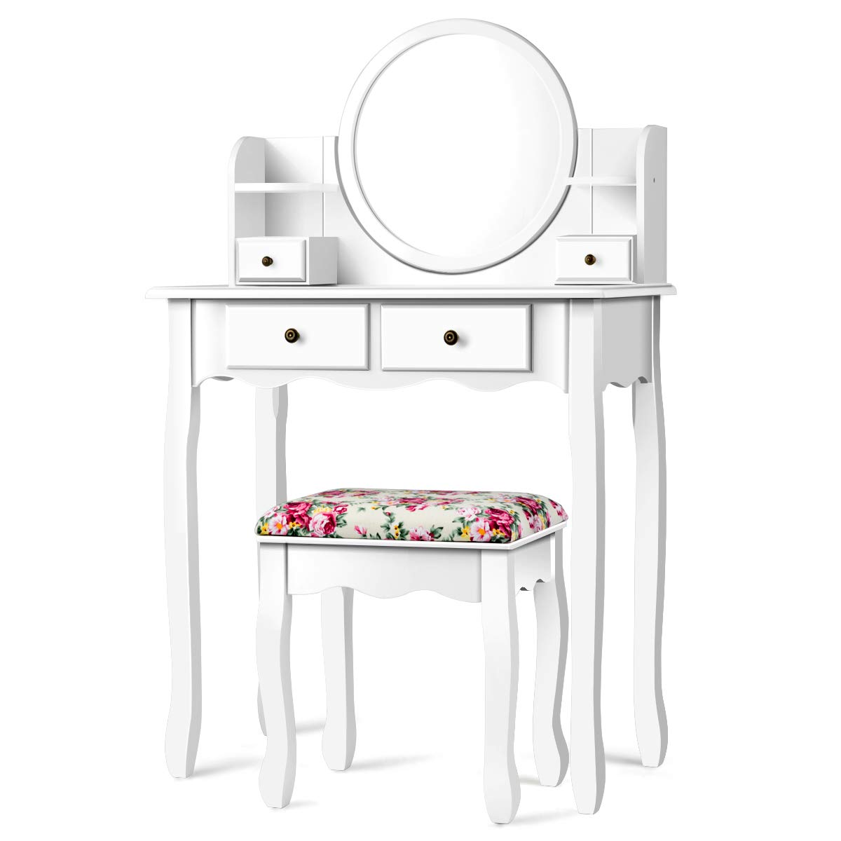 【Furniture】4 Storage Shelves and 4 Drawers, Makeup Table with 360° Pivoted Round Mirror