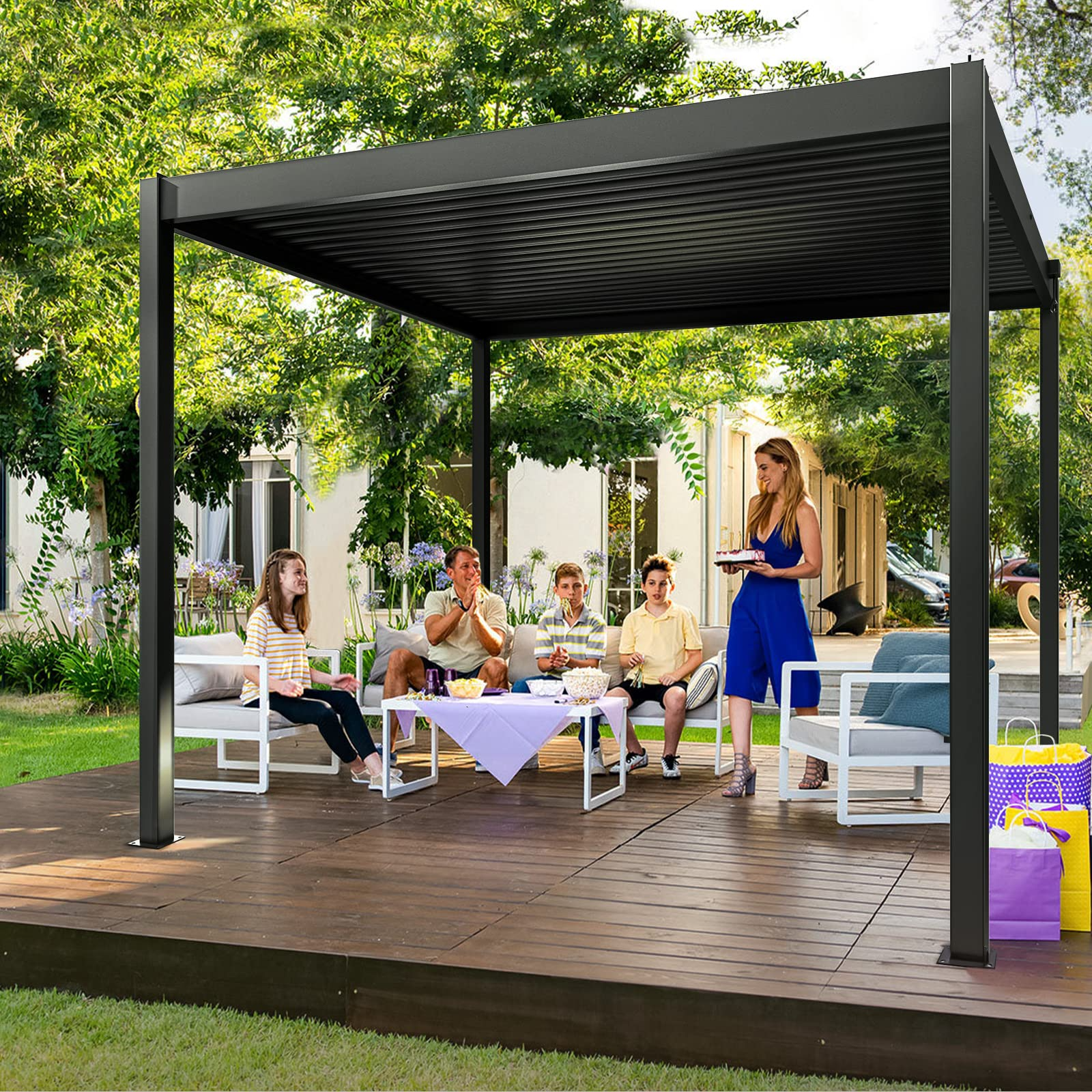 【Home&Garden】10'x10' NO Corrosion Louvered Pergola, High Strength Gazebo for Yard