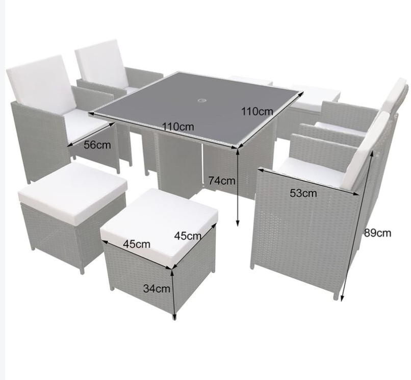 Flat pack 4 seat cube rattan outdoor sofa with 4 footrests.