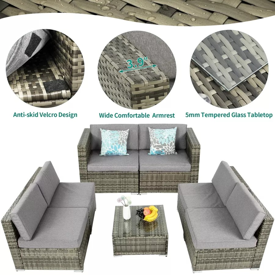 Patio Furniture Set, 7-Piece Outdoor Sectional with Waterproof Cover, All-Weather Wicker Patio Conversation Sets for Backyard (Grey with Grey Cushion)