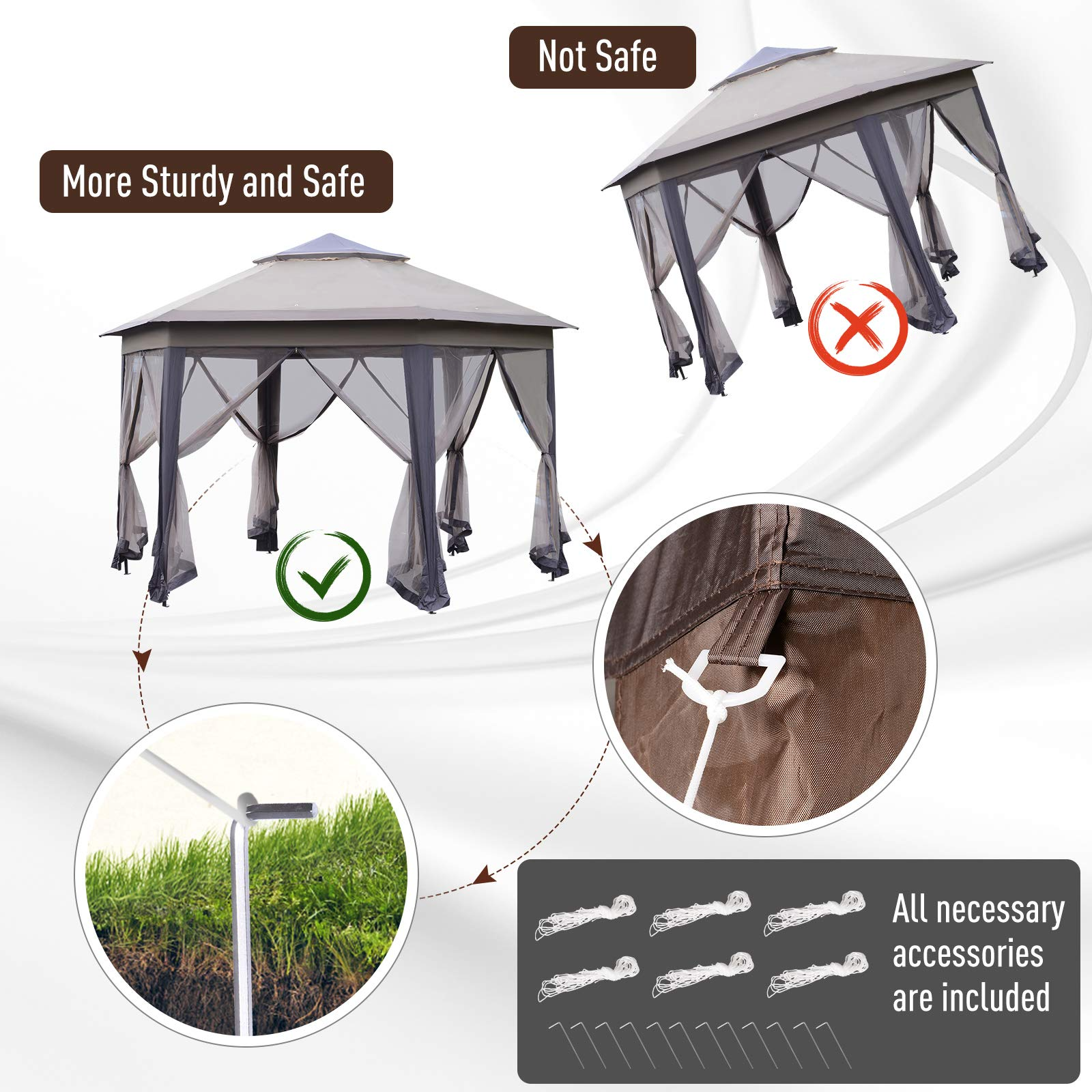 【Gazebo】13' x 13' Pop-Up Double Roof Six-Sided Pavilion with Sheltering Mesh