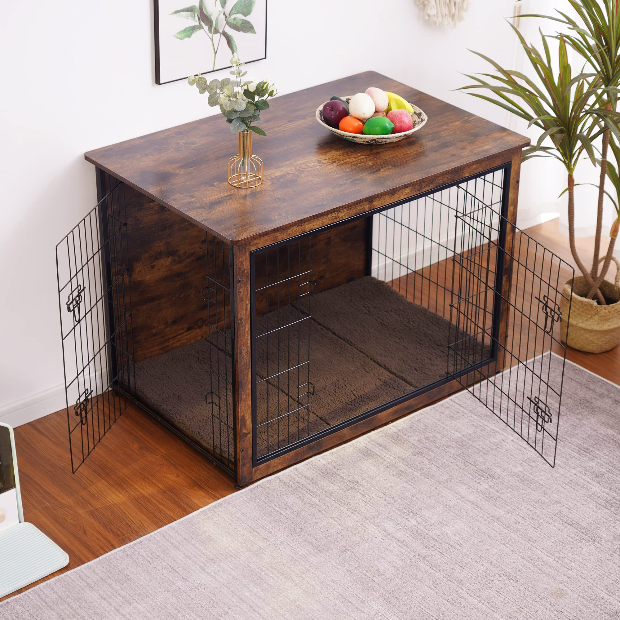 【Pet】Dog Crate Furniture with Cushion, XL Wooden Dog Crate with Double Doors, Dog Furniture
