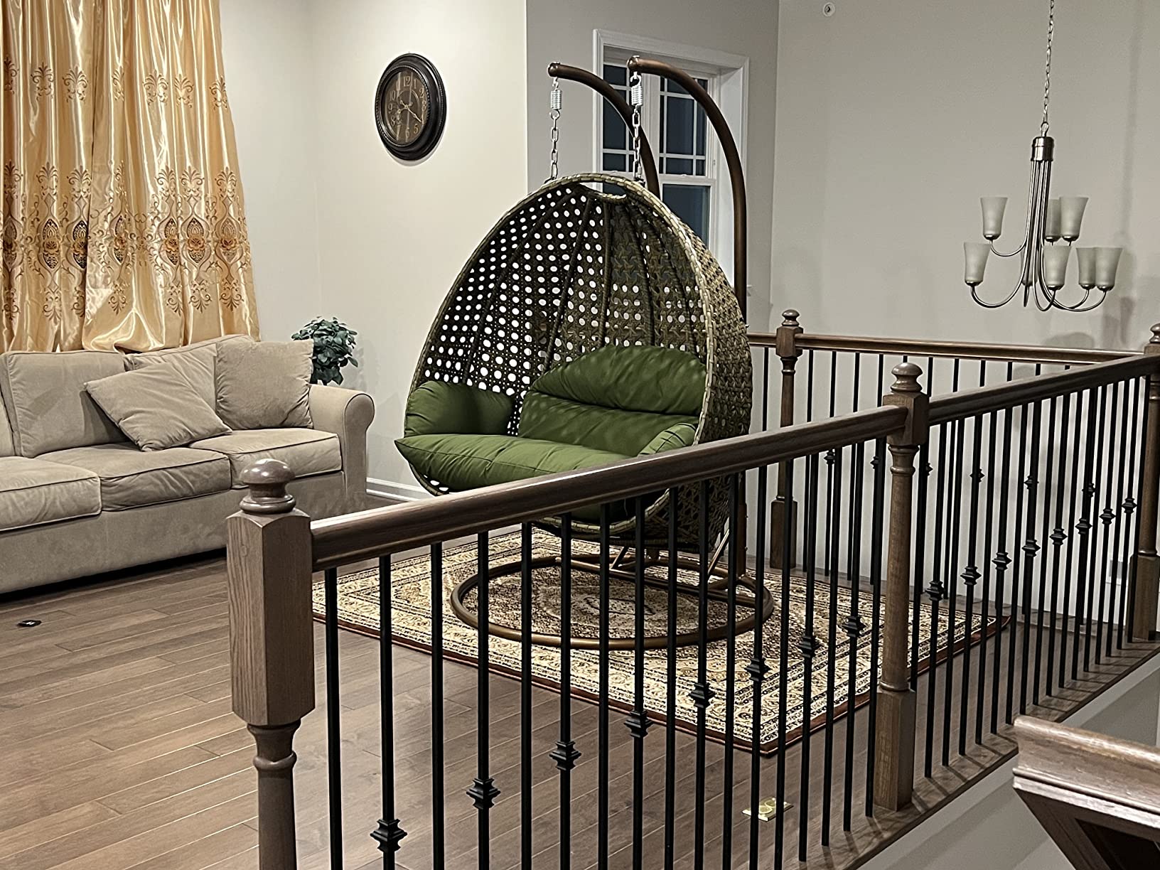 【Furniture】2 Person Hanging Double Swing Chair, X-Large Wicker Rattan Egg Chair with Stand and Cushion