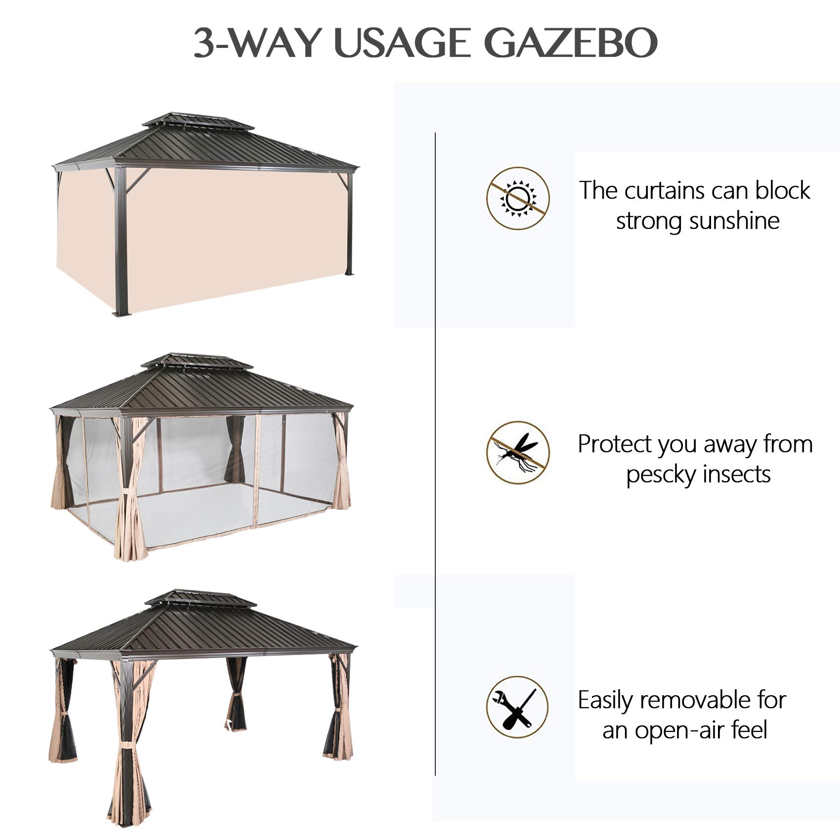 【Gazebo】Hardtop Gazebo with Netting and Curtains for Patios, Gardens, Lawns & Outdoor Activities