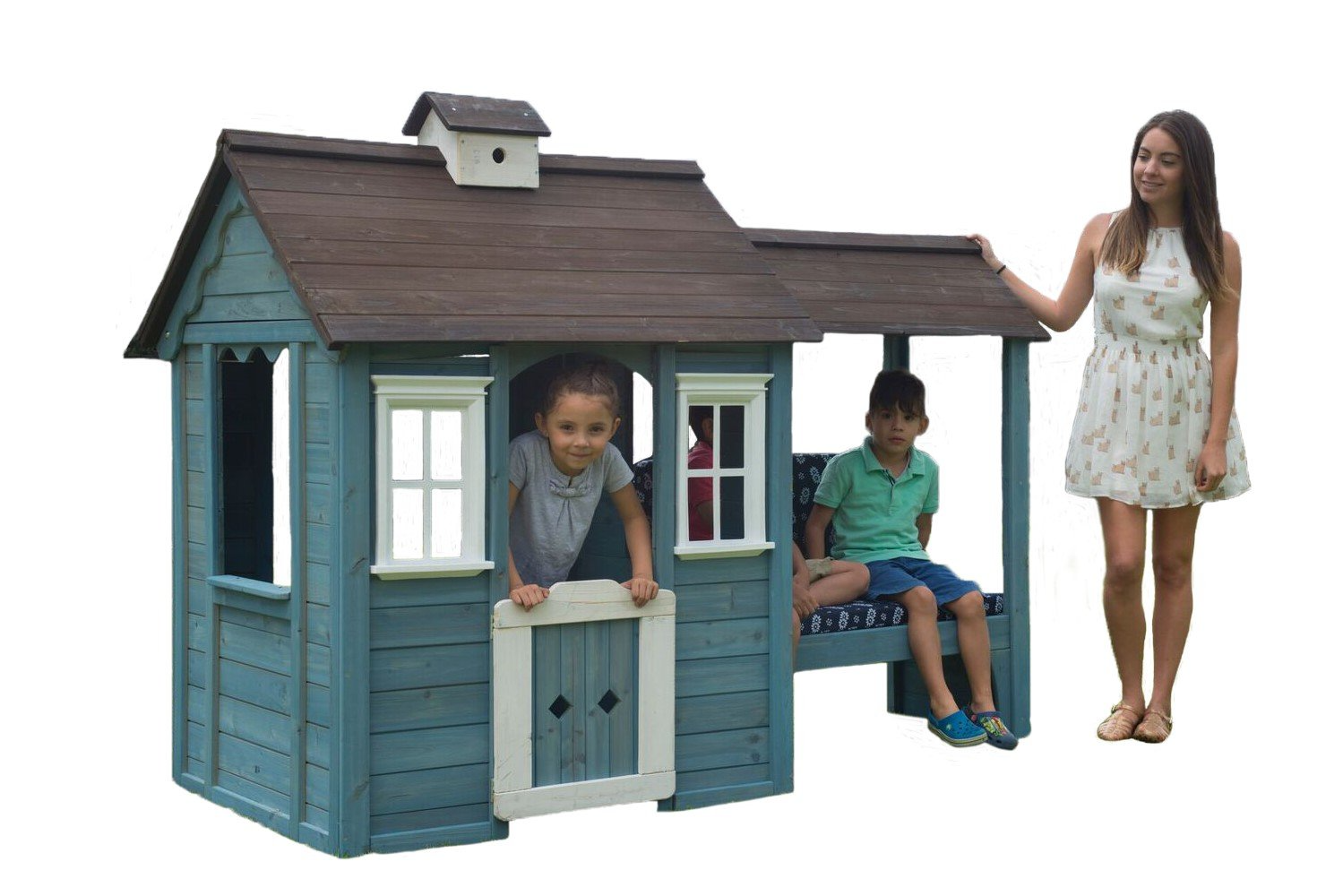 【Baby&Kids】Wooden Outdoor Playhouse with Bench, Blue, 83.6