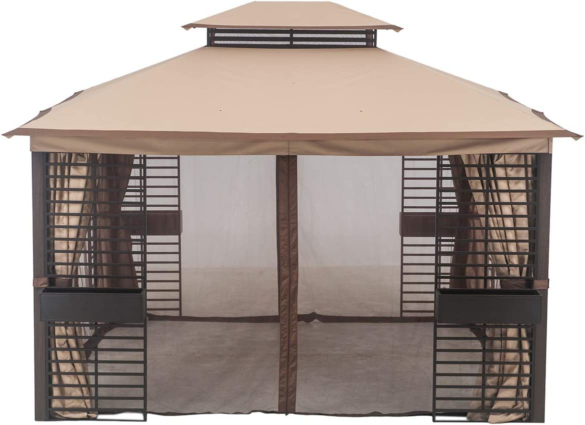 【Gazebo】11x13 Gazebos with Planters, Outdoor Patio Steel 2-Tier Soft Top Gazebo with Netting & Curtains
