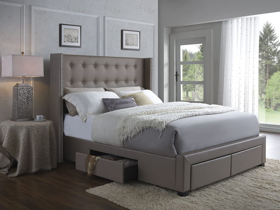 【Furniture】Savoy Tufted Upholstered Wingback Panel Storage Bed Frame, King Size in Grey Fabric