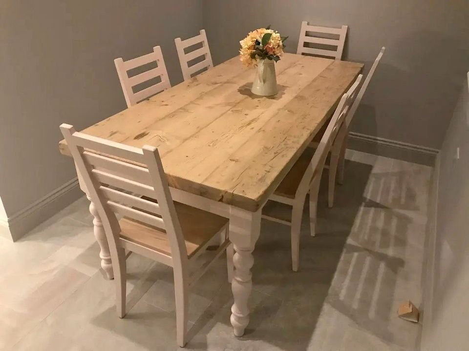 Farmhouse dining table with reclaimed wood top and 6 chairs
