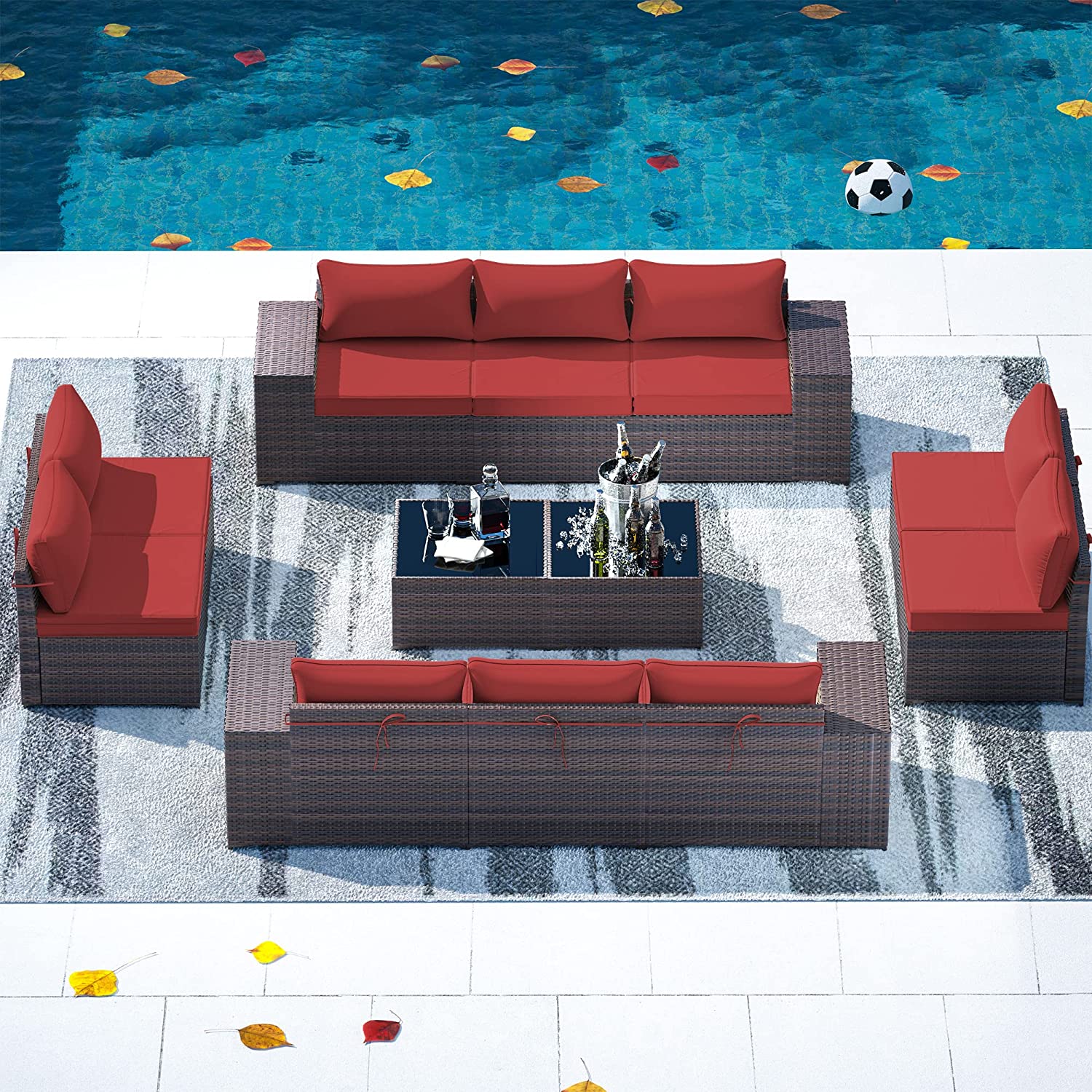 【Furniture】Outdoor Patio Furniture Sets 12-Pc Patio Sectional Furniture with Table & 10 Thickened Cushions