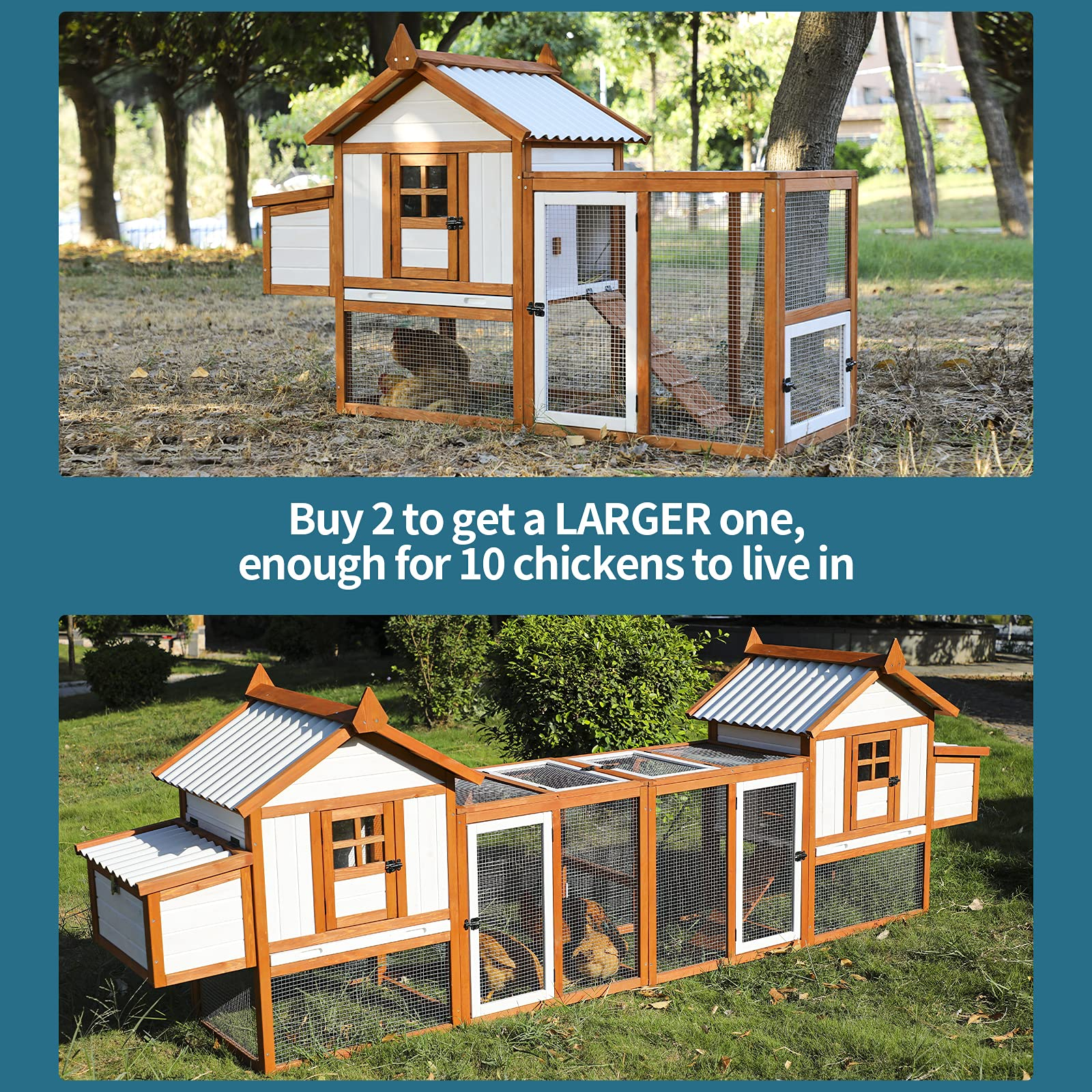 【Home&Garden】Outdoor Wooden Multi-Level Chicken Coop, Poultry Cage wRamps, Run, Nesting Box, Wire Fence
