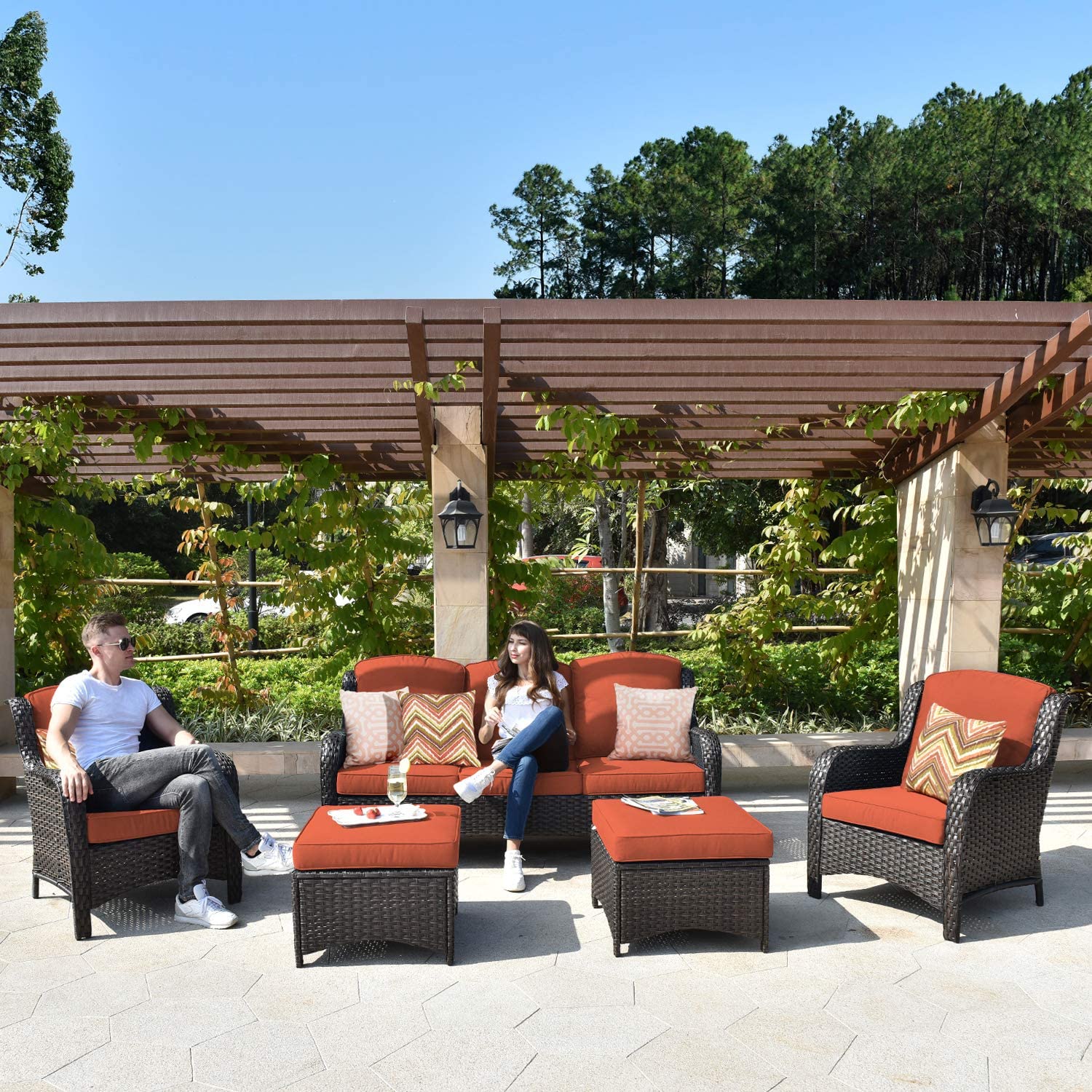 【Furniture】Patio Furniture Sets Outdoor Conversation Set All Weather Wicker High Back Couch with Ottomans