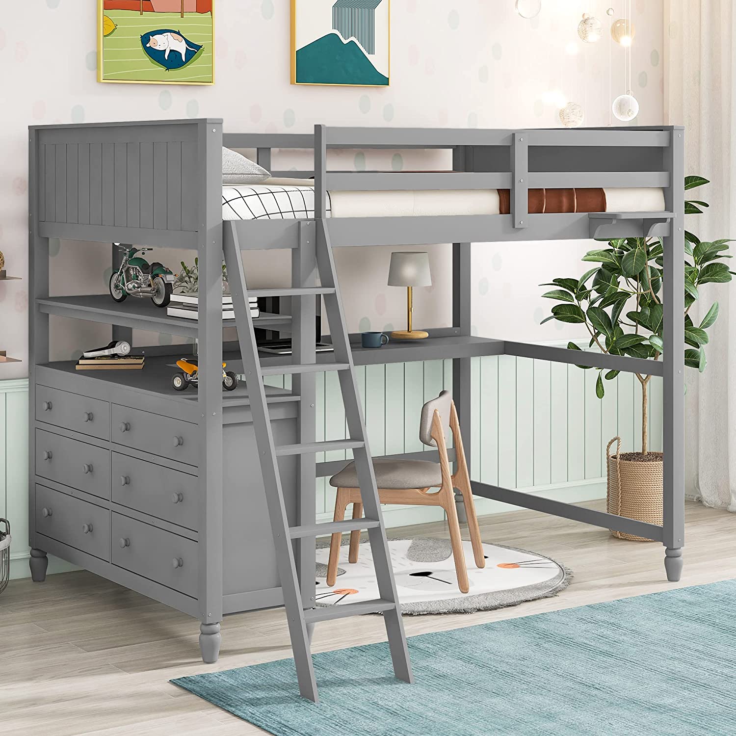 【Furniture】Full Size Loft Bed, Full Loft Bed with Desk, Wood Loft Bed Frame with Drawers & Shelves