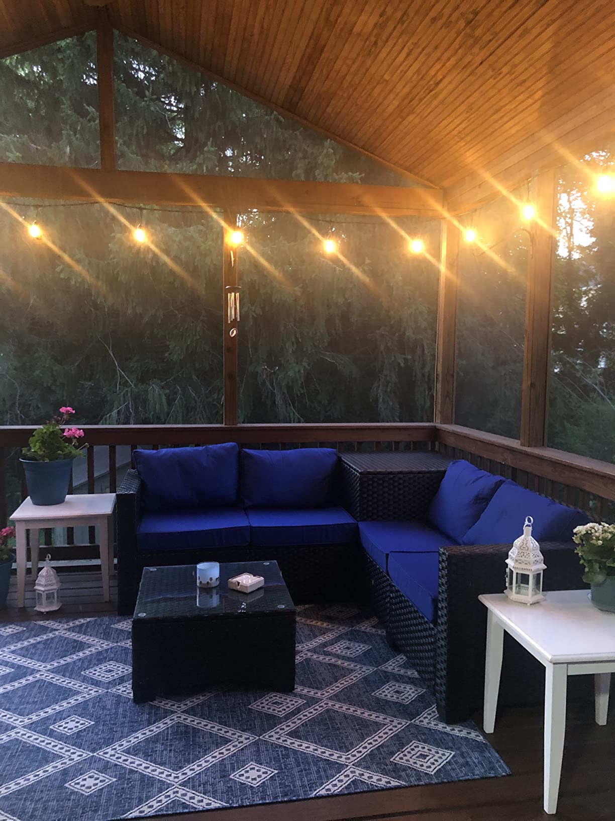 【Furniture】Outdoor PE Wicker Furniture Set 4 Piece Patio Black Rattan Sectional Loveseat Couch Set Conversation Sofa