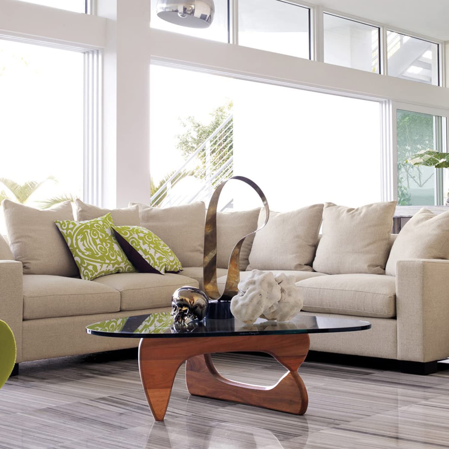 【Furniture】Noguchi Table Triangle Glass Coffee Table Vintage Glass End Table, Solid Wood Base & Glass Top