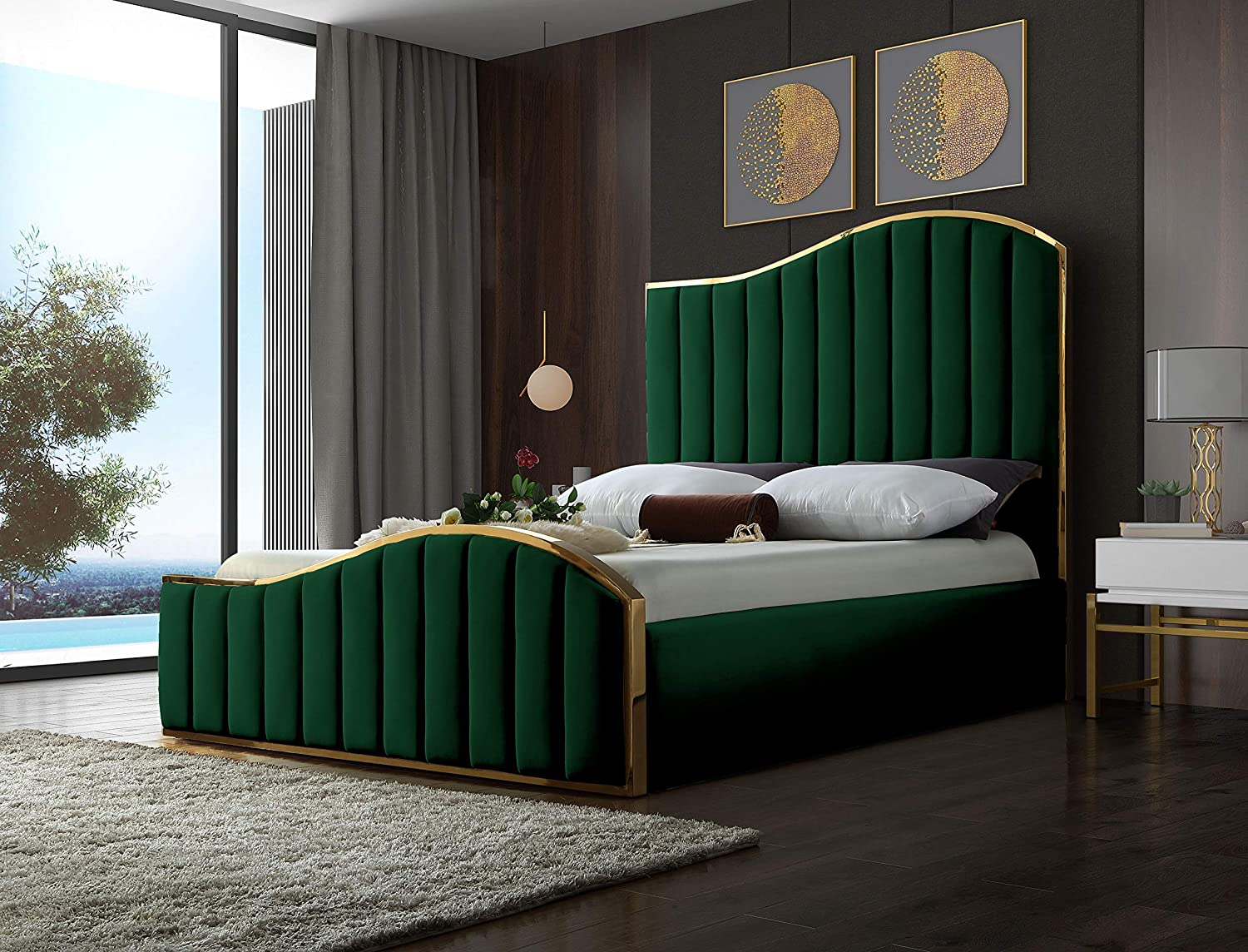【Furniture】Contemporary Velvet Upholstered Bed With Channel Tufting & Polished Gold Metal Frame, King
