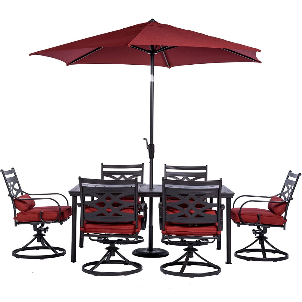 【Furniture】7-Piece Outdoor Patio Dining Set, 6 Swivel Rocker Chairs with Seat & Cushions, 40