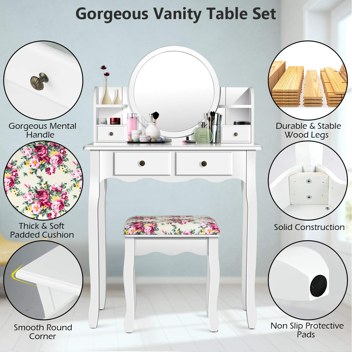 【Furniture】4 Storage Shelves and 4 Drawers, Makeup Table with 360° Pivoted Round Mirror