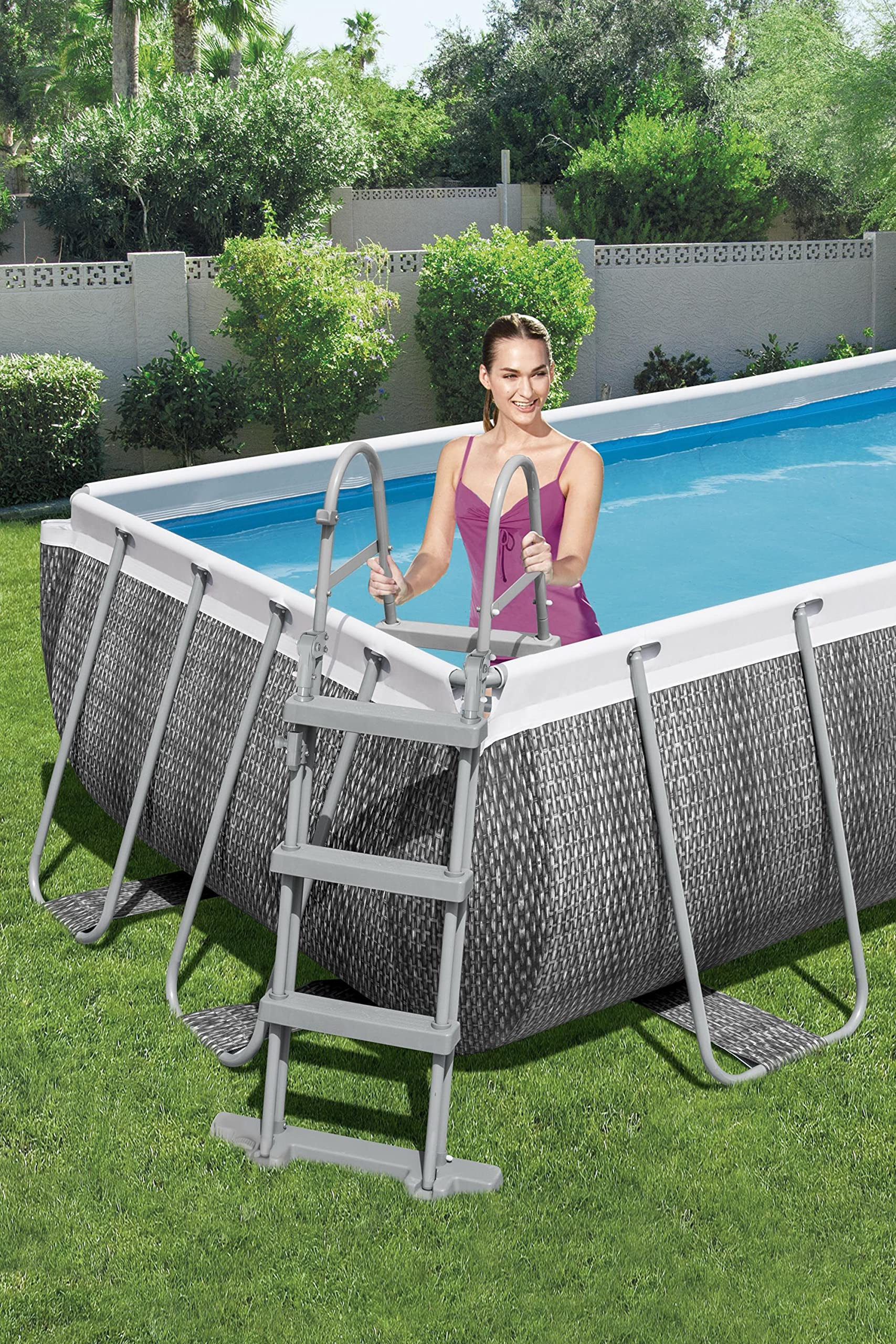 【Sports&Outdoors】Steel above ground pool, with filter and ladder, Grey rattan Print, 13.3 FT