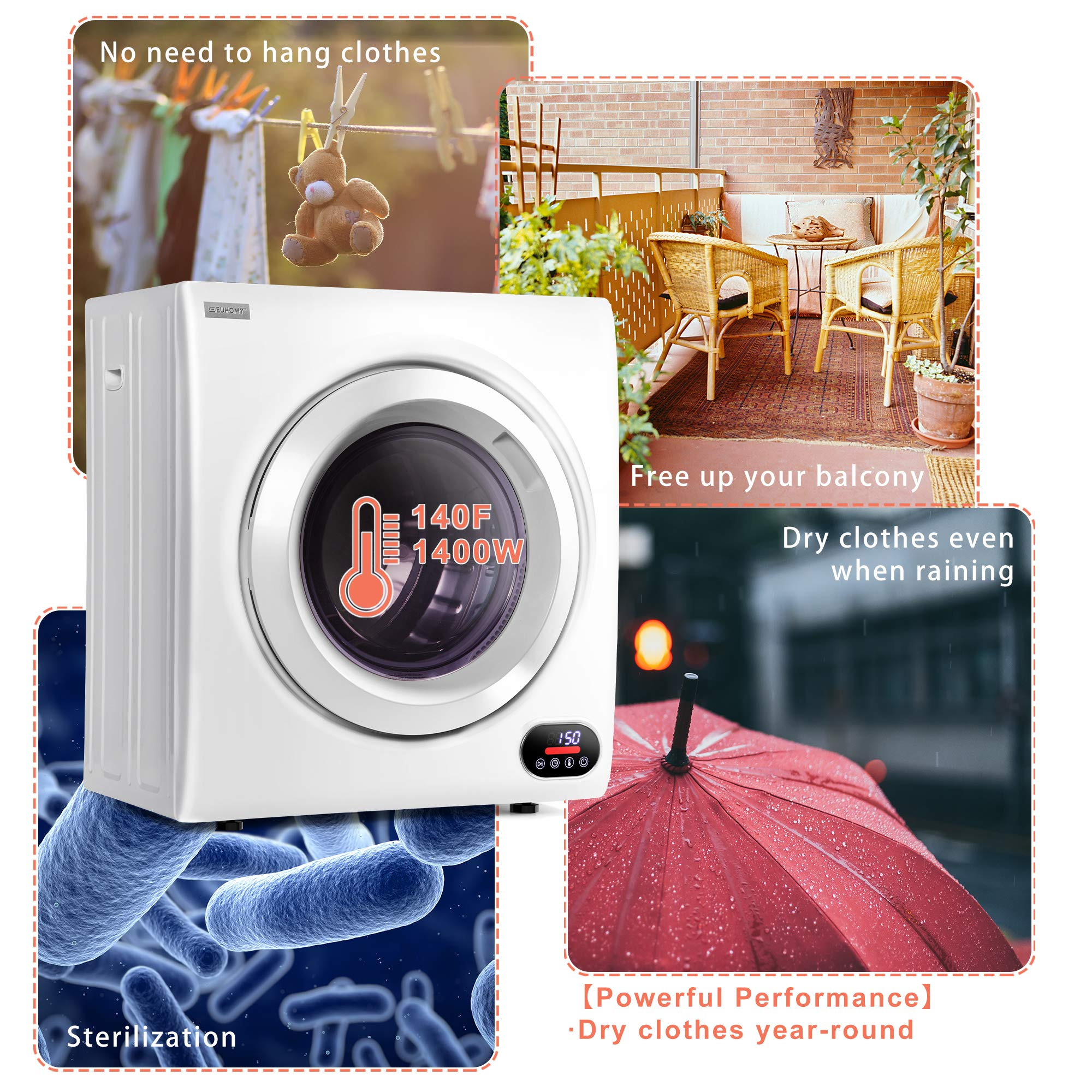 【Appliances】Euhomy Compact Laundry Dryer, 2.65 cu ft Front Load Stainless Steel Clothes Dryers