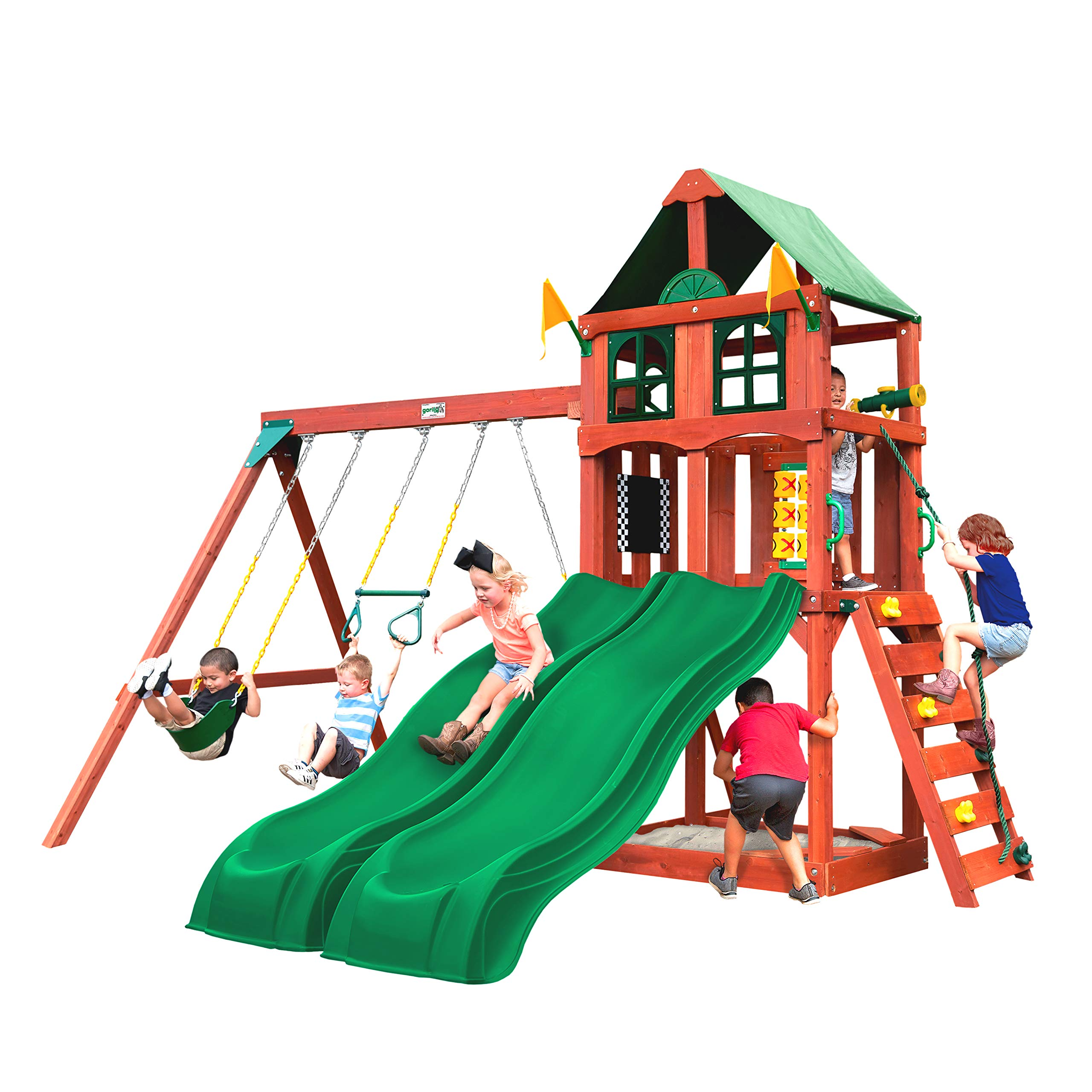【Baby&Kids】Deluxe Wooden Swing Set with Vinyl Canopy Roof, Dual Wave Slides, and Rock Climbing Wall
