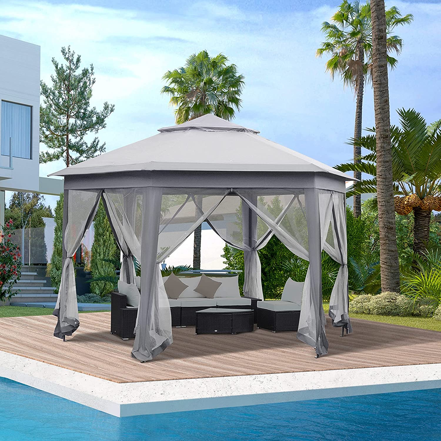【Gazebo】13' x 13' Pop-Up Double Roof Six-Sided Pavilion with Sheltering Mesh